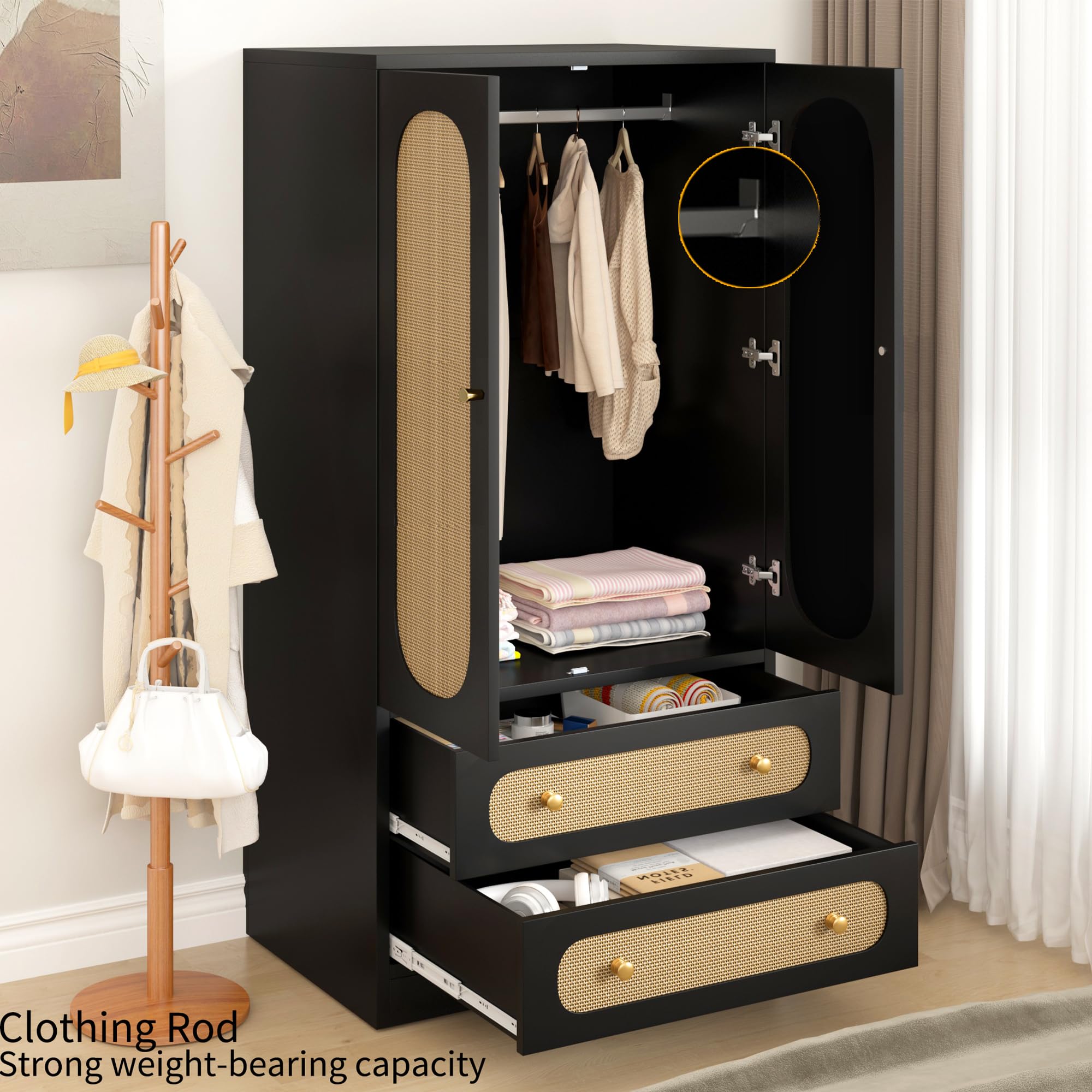 Rattan Wardrobe Closet - Freestanding Storage Cabinet with Wide Drawers & Hanging Rod, Large Capacity Bedroom Organizer with Gold Handles (Black, 2-Pack) - Perfect for Bedroom, Closet & Dorm Organization