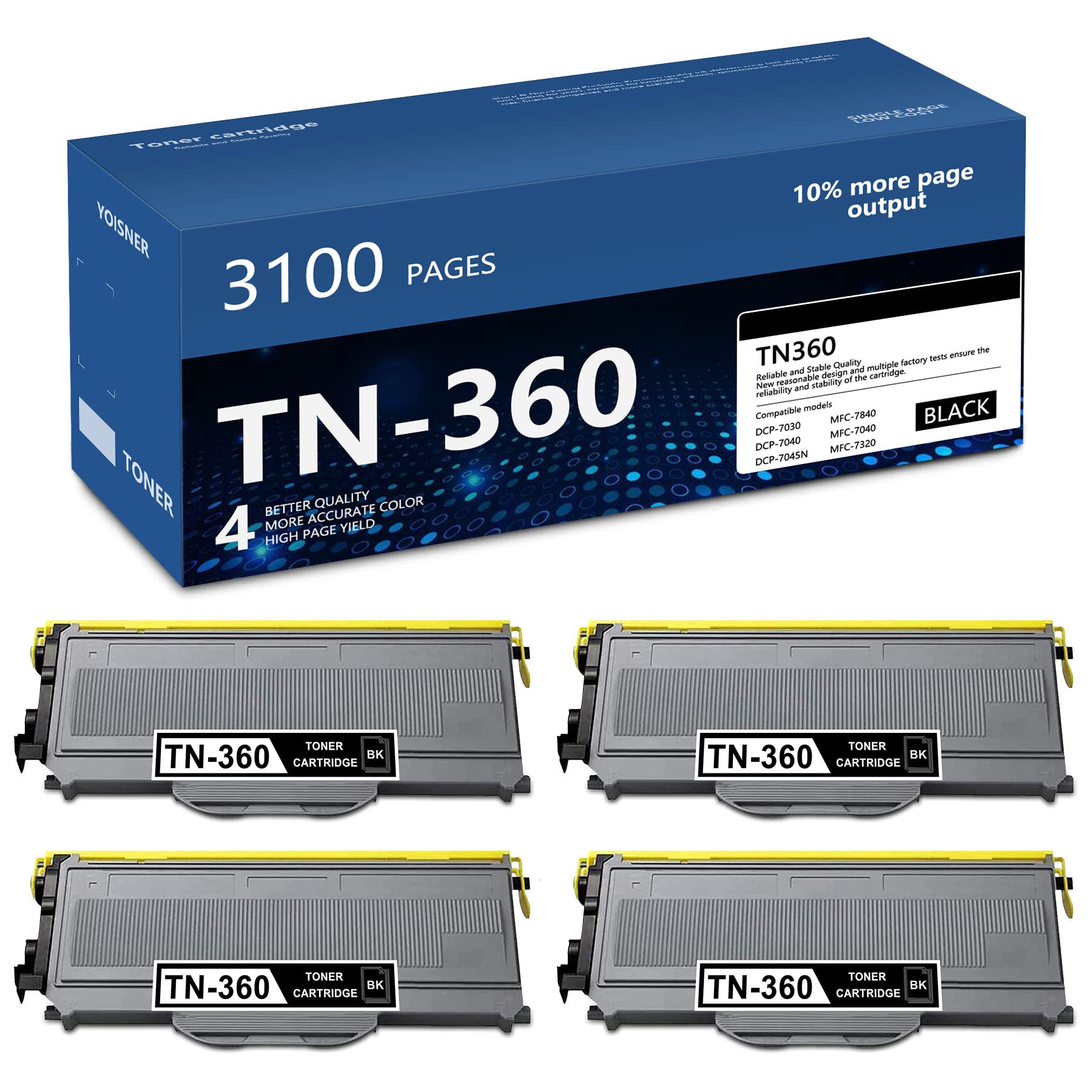 YOISNER TN360 High Yield Black Toner Cartridge 4-Pack - Compatible Replacement for Brother HL-2120, HL-2125, HL-2140, HL-2150, MFC-7345N, MFC-7440N, DCP-7030, DCP-7040, DCP-7045N Printers | Office & Home Printing Solution