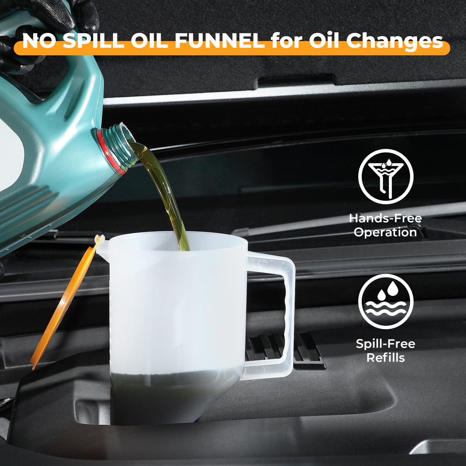 FOUR UNCLES 15-Piece No-Spill Oil Funnel Kit for Cars & Trucks - 1.5 Quart Funnel with 14 Universal Adapters | Easy One-Hand Operation | Perfect for DIY Oil Changes & Garage Maintenance