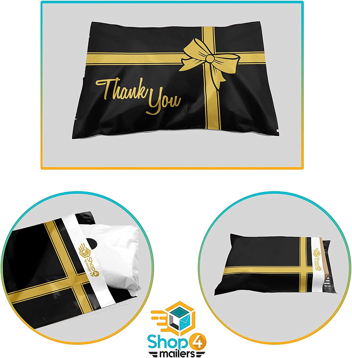 10 x 13 Inch Black and Gold Holiday Thank You Gift Bags with Bow - 2 Mil Poly Mailer Envelopes for Christmas Presents, Party Favors & Mailing Gifts | Shop4Mailers