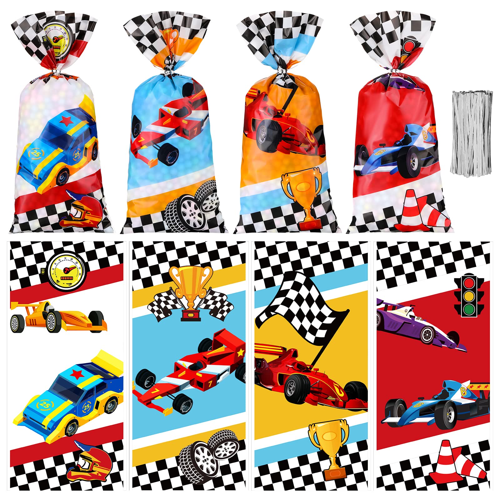 100 Pcs Race Car Party Treat Bags - Cellophane Goodie Bags with Ties for Candy & Gifts - Perfect for Boys Birthday Parties, Baby Showers & Race Car Themed Events (Pack of 100)