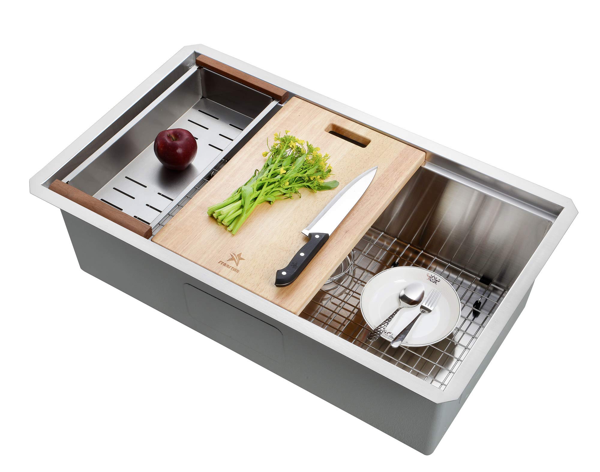 STARSTAR 28 x 19 x 10 Inch Undermount Single Bowl Stainless Steel Kitchen Sink with Grid, Wooden Cutting Board, Colander & Strainer Basket - Perfect for Home, Restaurant, Bar, Laundry & Office Use