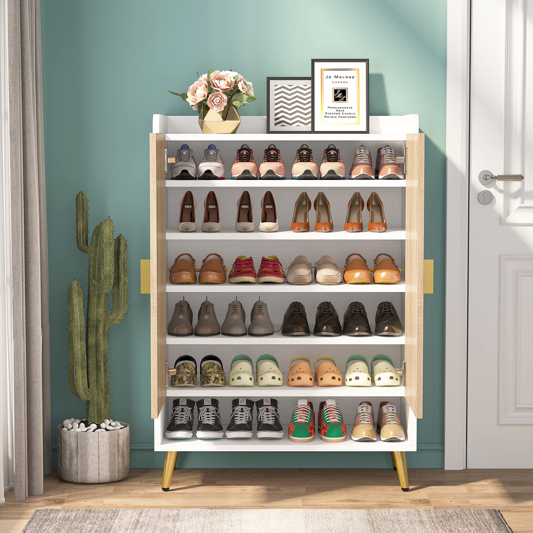 Tribesigns 7-Tier Wooden Shoe Cabinet with Adjustable Shelves & Doors - Modern Shoe Storage Organizer for Entryway, Hallway, Closet, Living Room - Gold Accent Wooden Shoe Rack for Home Organization & Space Saving