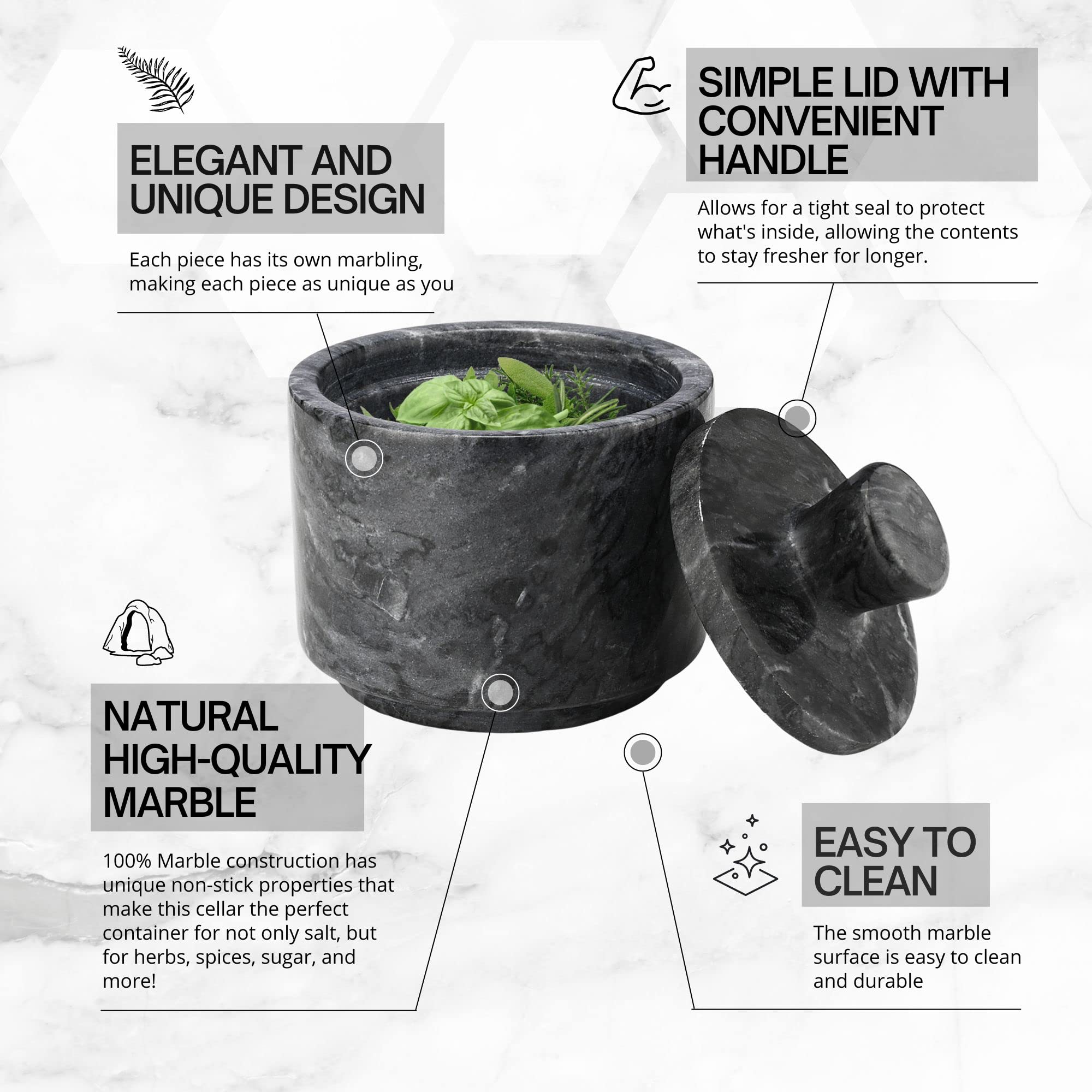 Premium Marble Salt Cellar with Lid - Airtight Spice Container for Salt, Pepper & Herbs | Elegant Marble Jewelry Box for Rings, Watches & Accessories | Perfect for Kitchen, Dining Table & Vanity Organizer (Black)