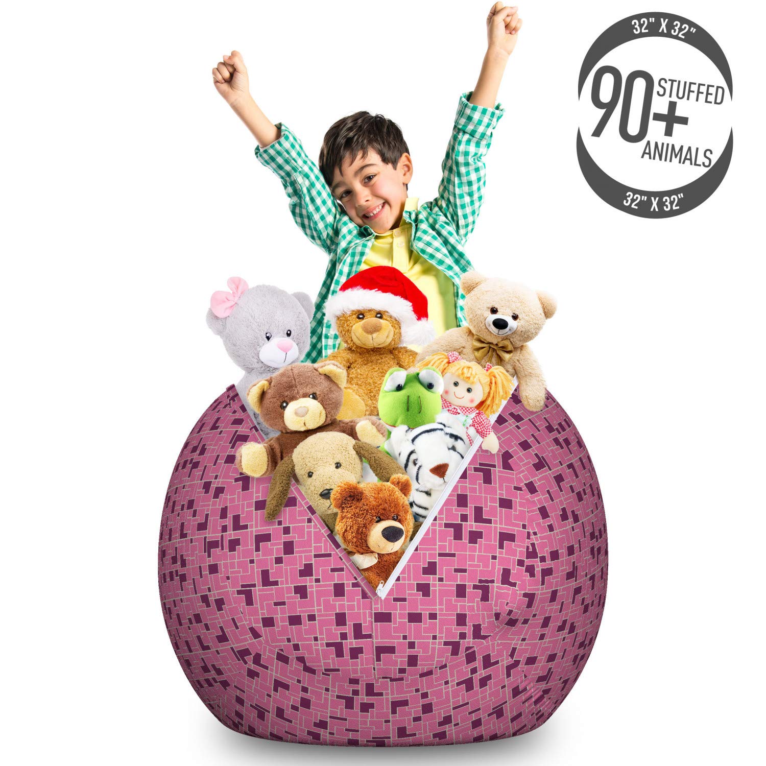 Ambesonne Geometric Storage Toy Bag Chair - Large Washable Organizer for Stuffed Animals, Dark Magenta Pink with Monotone Rectangle Pattern | Perfect for Kids' Room, Playroom & Nursery Organization