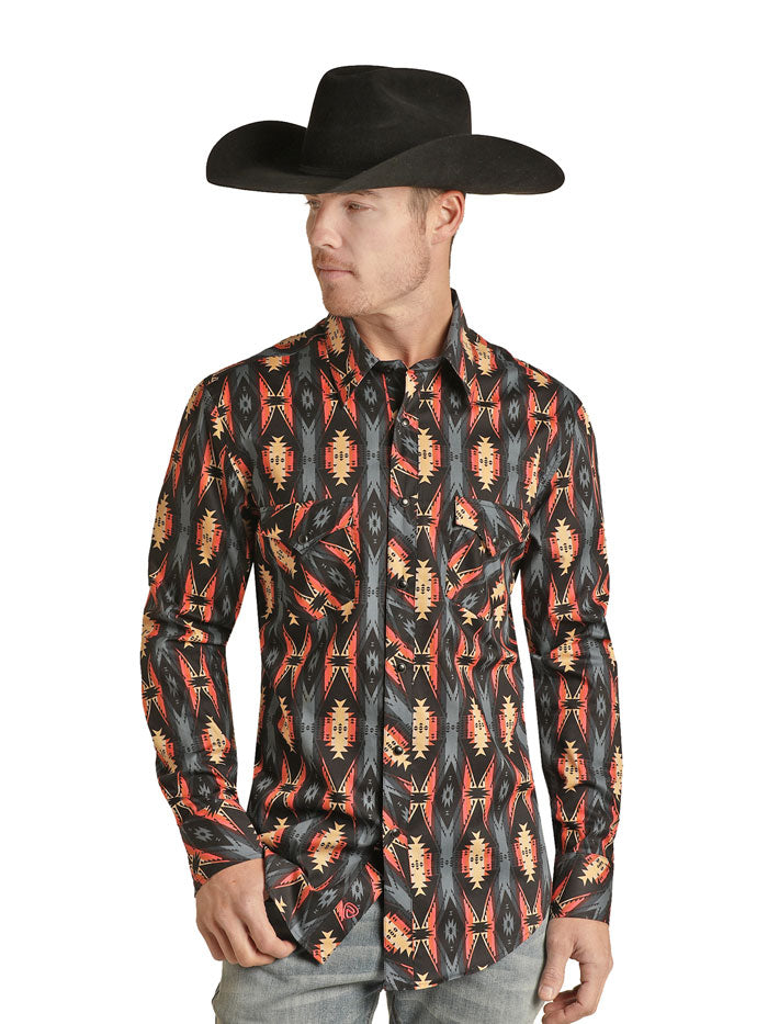 Rock & Roll Denim RRMSOSR08Q Men's Aztec Stripe Woven Snap Button Shirt Peach - Casual Western Style Shirt for Music Festivals & Outdoor Adventures
