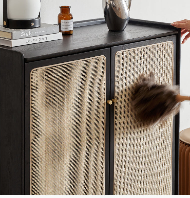 Oak Solid Wood Rattan Shoe Cabinet with Smoky Finish - Stylish Entryway Storage Organizer for Hallway, Living Room & Bedroom