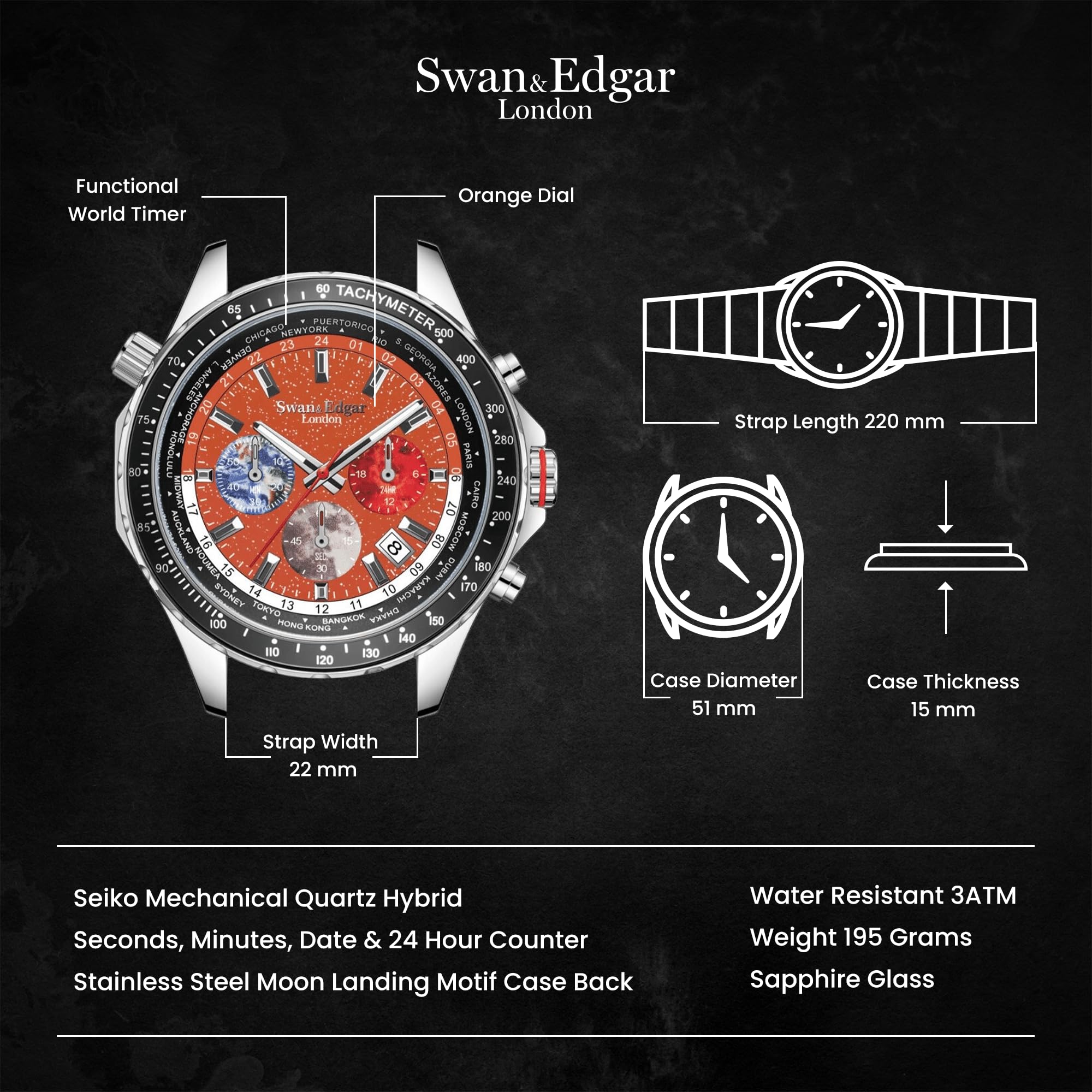SWAN AND EDGAR World Timer Chronograph Watch for Men - Mechanical Quartz Movement, Scratch-Resistant Sapphire Crystal, 30m Water Resistant, Hand-Assembled with 5-Year Warranty | Perfect for Business, Travel & Formal Occasions