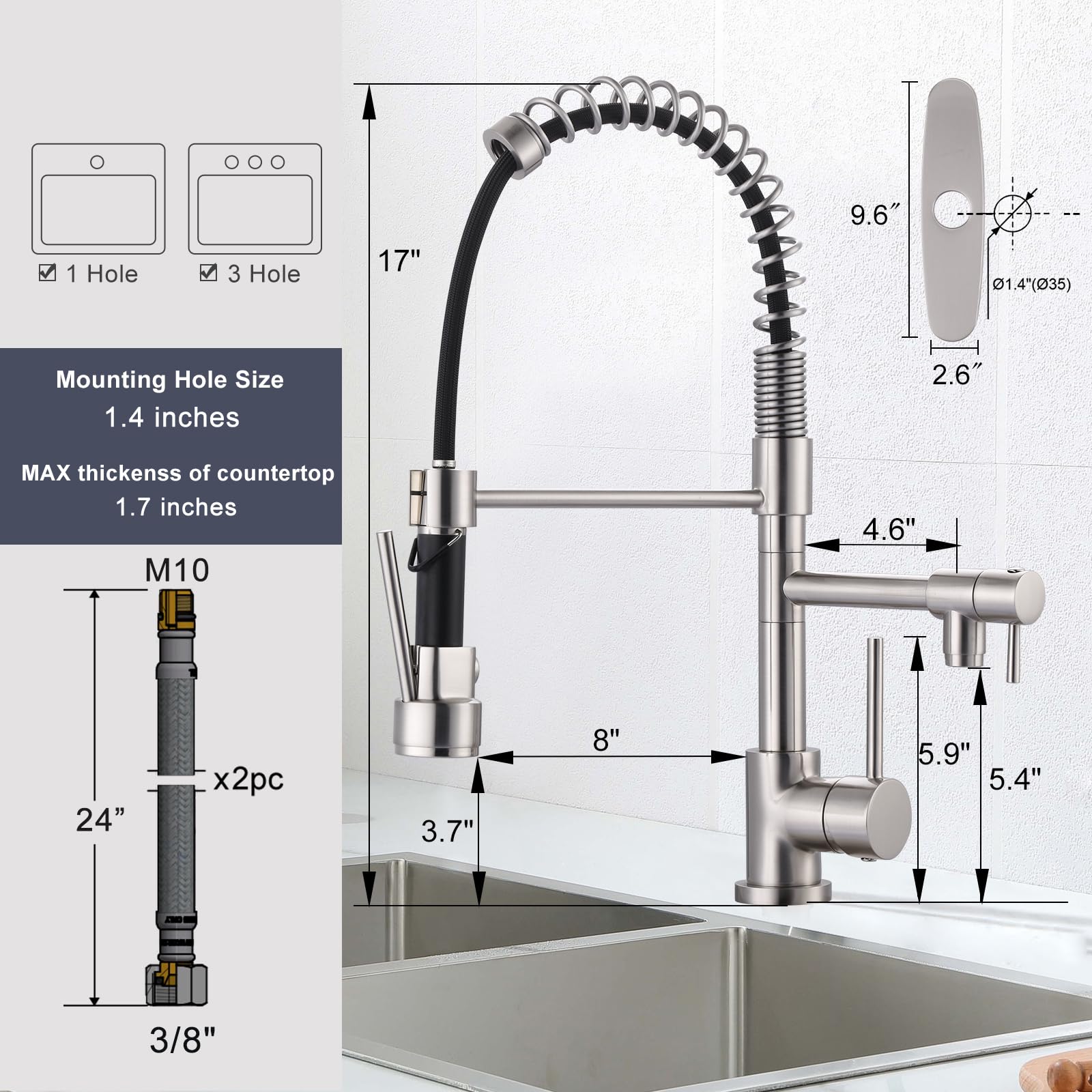 Premium Brushed Nickel Kitchen Faucet with Pull-Down Sprayer - High Arc Commercial Spring Design for 1 or 3 Hole Sink Installation - Durable Brass Construction with Deck Plate - Perfect for Modern Kitchens, Restaurants & Food Prep Areas