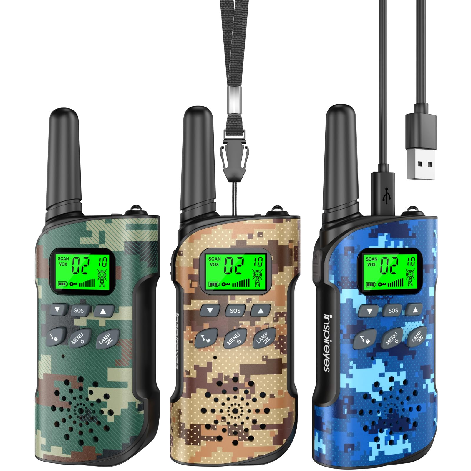 Rechargeable Kids Walkie Talkies - Long Range 2 Way Radios for Boys Age 3-12 | 3 Pack Camo Outdoor Toys for Camping, Hiking & Backyard Games | Perfect Easter Basket Stuffers & Birthday/Xmas Gifts for Children