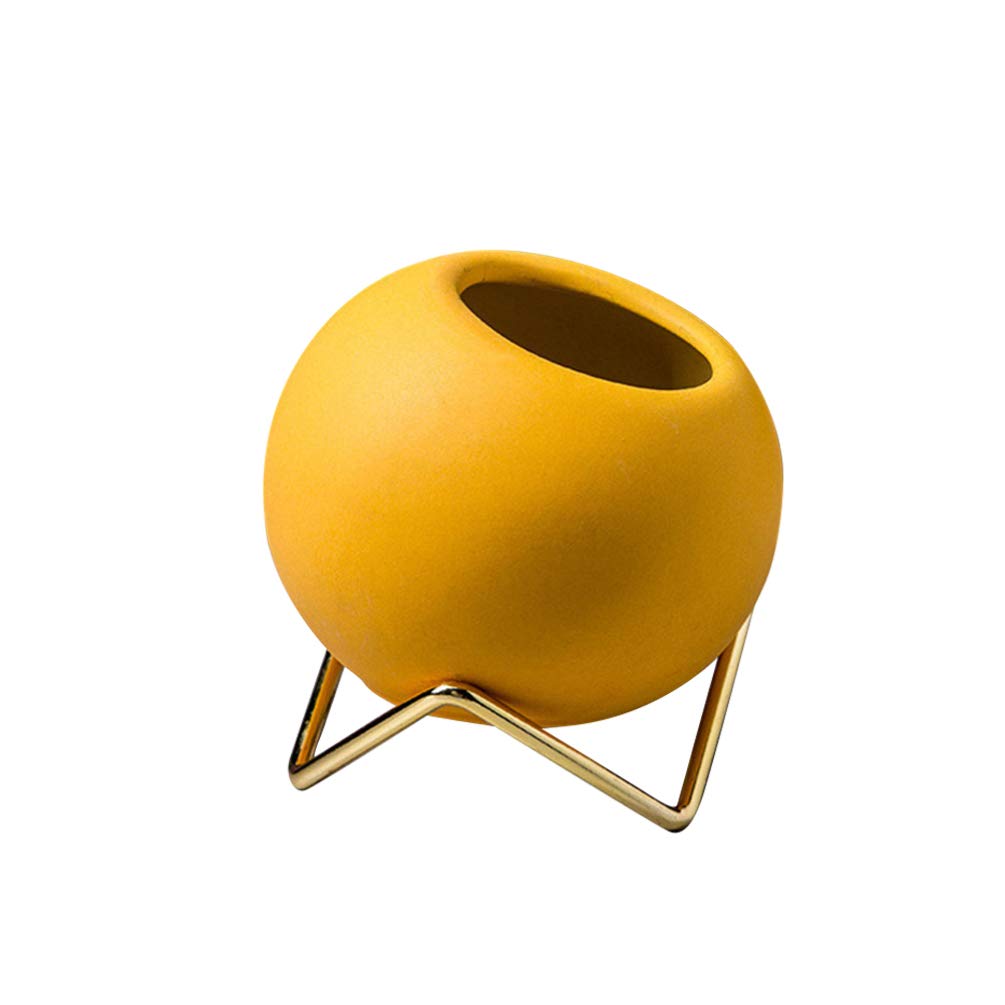 FOMIYES Ceramic Succulent Planter Pots - Mini Cactus & Air Plant Holder with Metal Stand - Yellow Home Decor for Tables, Desks & Office Spaces