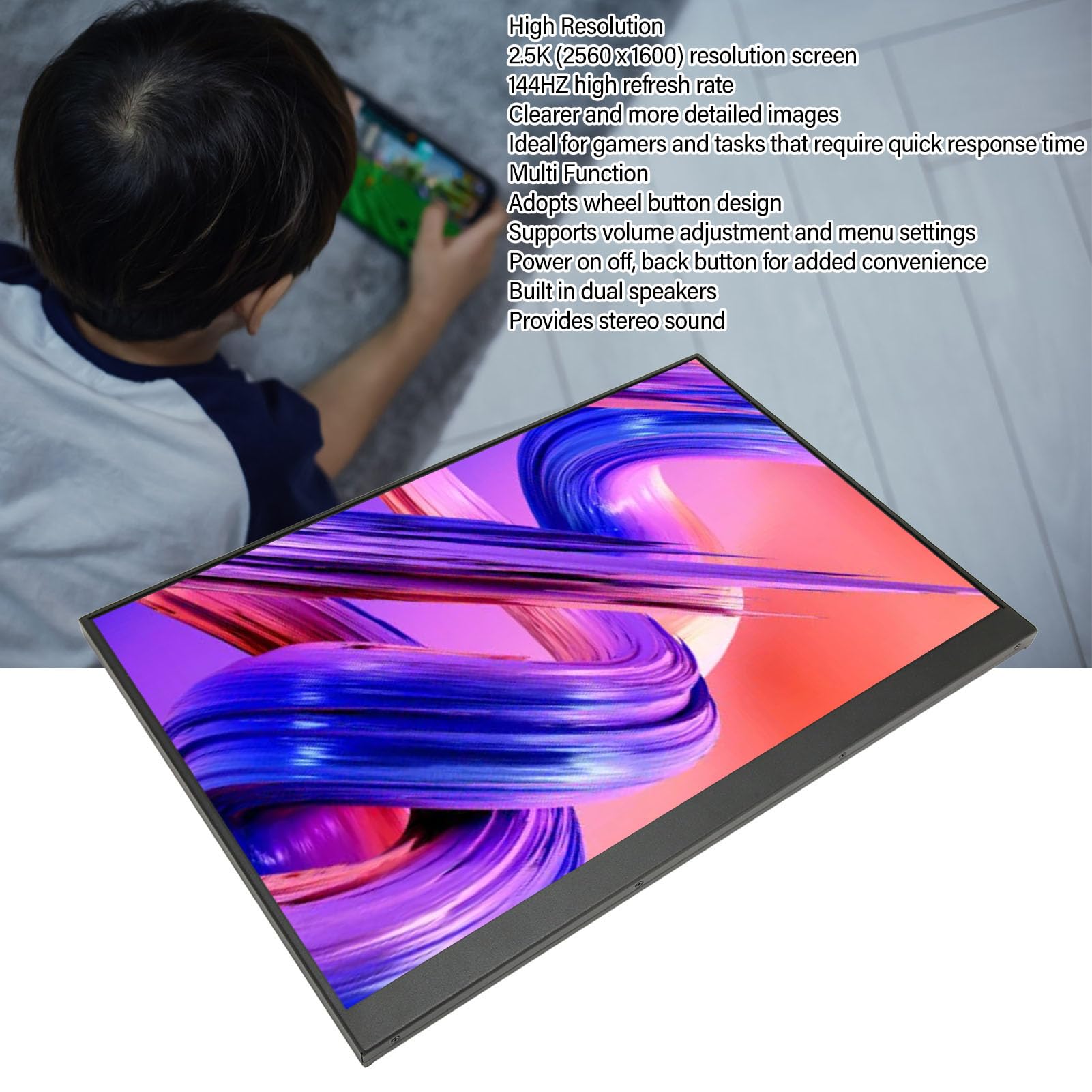 16 Inch Portable Monitor 2.5K HD 144Hz, Travel Laptop Screen Extender, 4K HDR USB-C Mini HDMI External Display for Laptop, PS5, Phone, Tablet - Perfect for Gaming, Work & Entertainment On-The-Go
