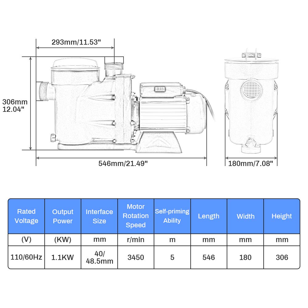Anbull 1.5HP 1100W Swimming Pool Pump - High Efficiency, Low Noise Inground/Above Ground Pool Pump with 59