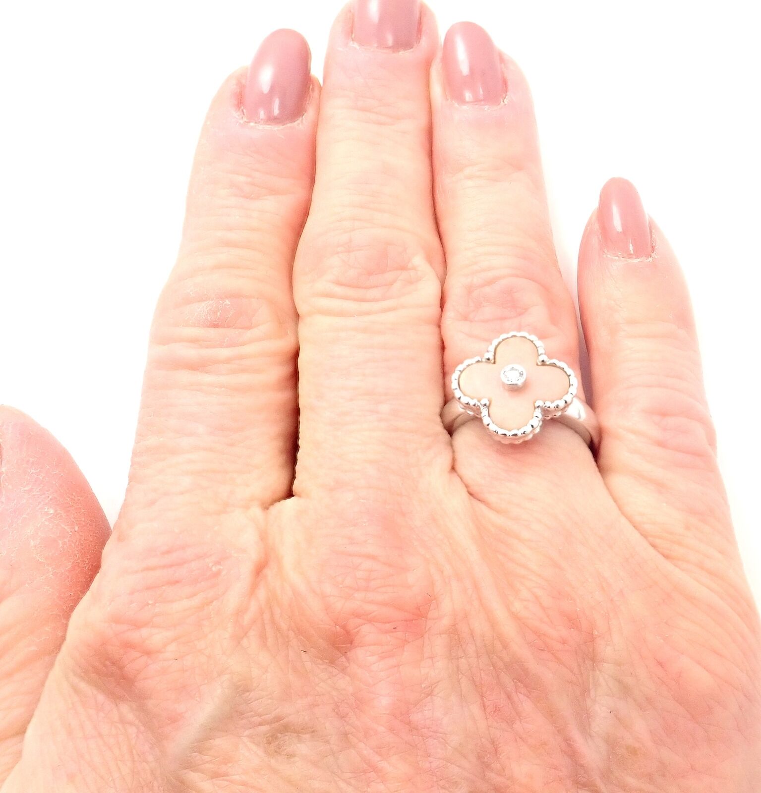 Authentic Van Cleef & Arpels Alhambra 18k White Gold Pink Opal Diamond Ring - Luxury Jewelry for Weddings, Anniversaries & Special Occasions