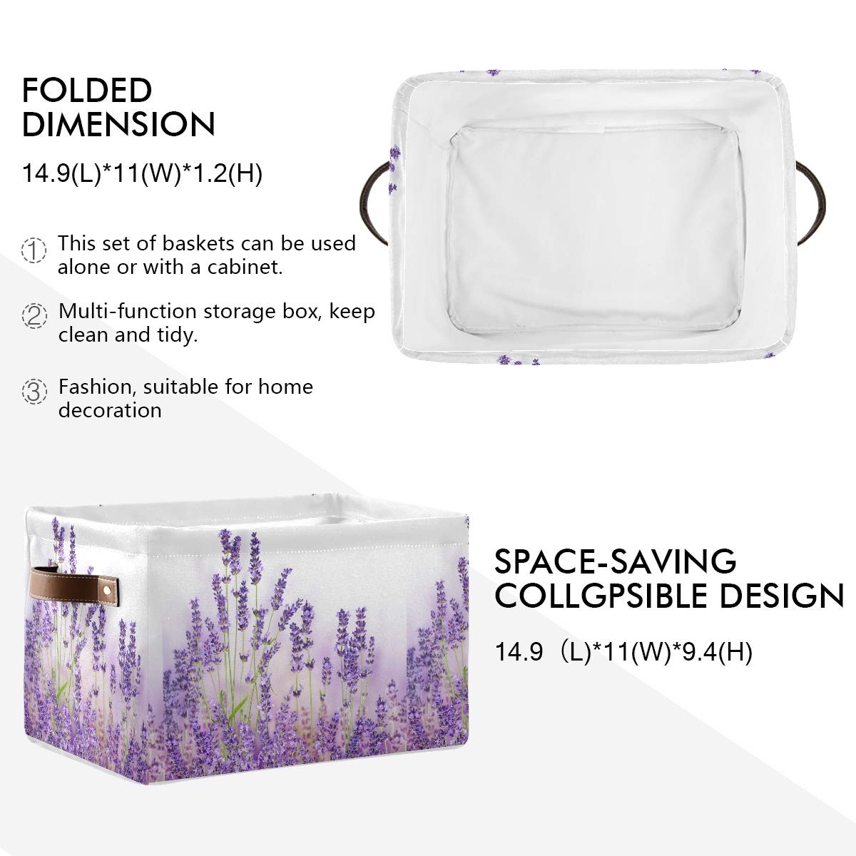 Lavender Storage Baskets 2-Pack - Large Collapsible Canvas Cube Organizer Bin for Home, Office, Closet (15