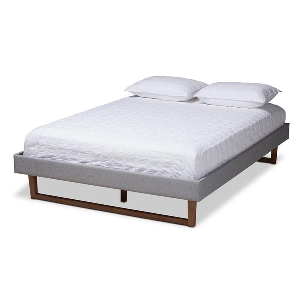 Baxton Studio Liliya Mid-Century Modern King Size Bed Frame - Light Grey Fabric Upholstery with Walnut Brown Wood Finish | Perfect for Contemporary Bedrooms & Master Suites