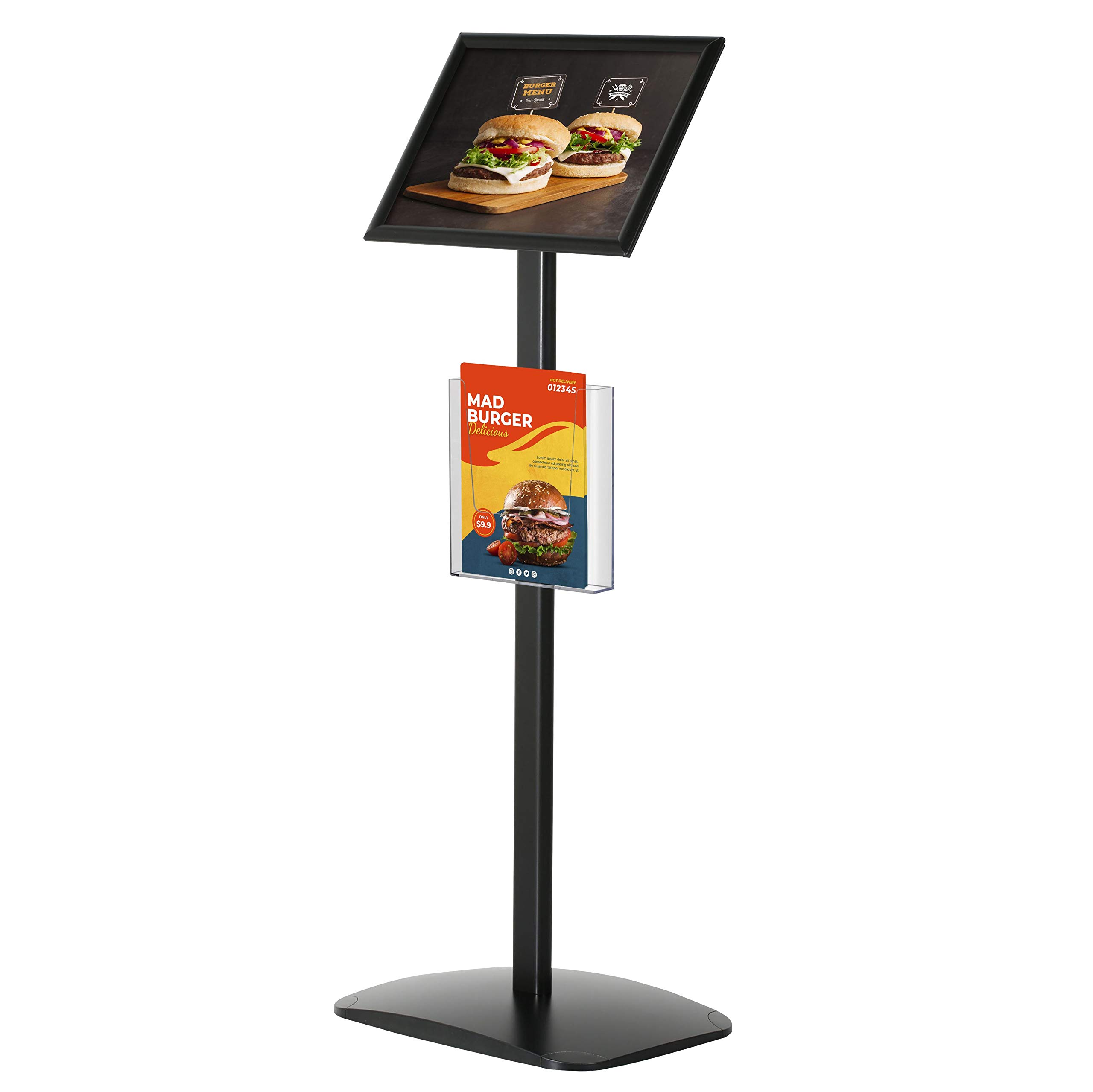 Black Aluminum Floor Standing Sign Holder - 8.5x11 Inch Front Loading Brochure Display for Posters & Advertisements | Easy Open Pedestal for Retail Stores, Restaurants & Trade Shows