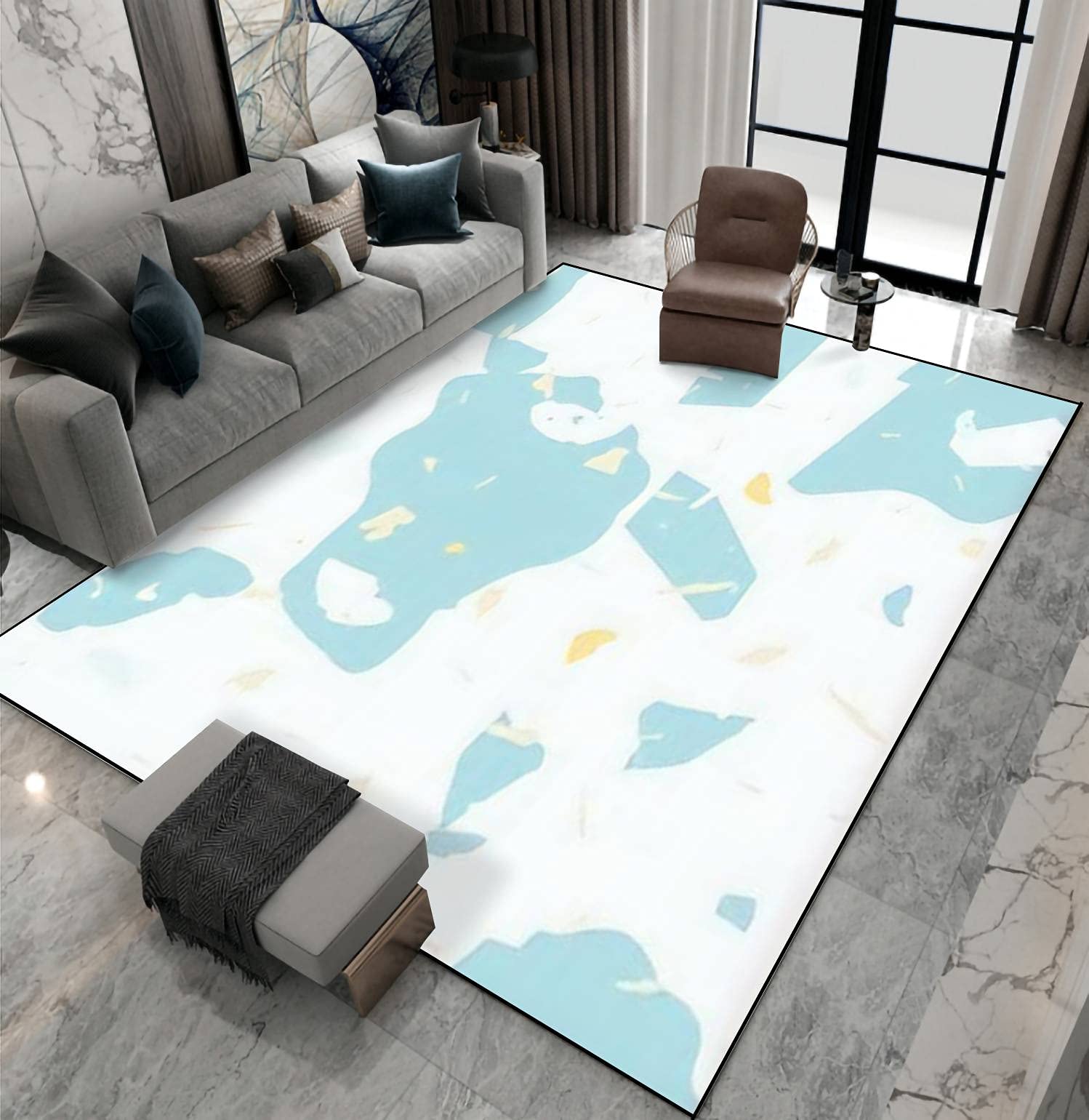 Non-Slip Area Rug with Terrazzo Seamless Pattern - Blue Classic Flooring Texture for Indoor/Outdoor Use - Perfect for Living Room, Bedroom, Kids Room, Yoga Studio & Patio Decor - Durable Carpet Runner & Home Decor Mat