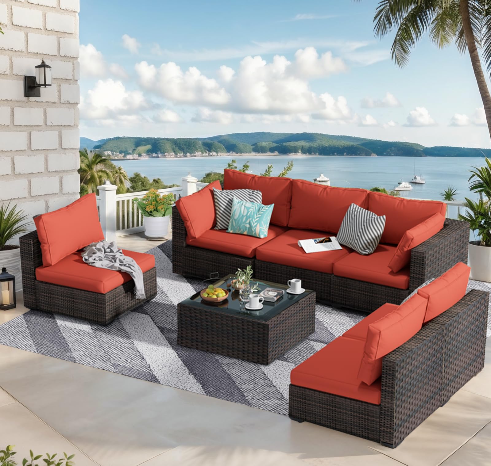 Grezone 7-Piece Outdoor Sectional Sofa Set with High Backrest - All-Weather PE Rattan Patio Furniture with Coffee Table, Cushions & Black Glass Table (Red) - Perfect for Backyard, Garden, Poolside & Outdoor Entertaining
