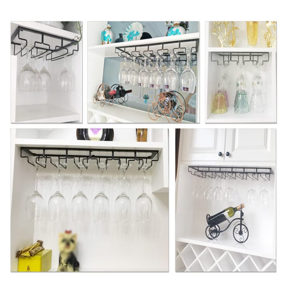 Under Cabinet Wine Glass Rack - 6 Slot Stemware Holder, Metal Wall Mounted Wine Glass Organizer for Kitchen & Bar Storage - Perfect for Small Spaces & Entertaining (Black)