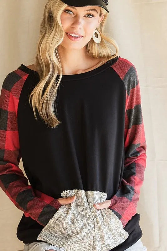BiBi French Terry Top with Sequins Kangaroo Pocket - Stylish Women's Casual Pullover Sweatshirt for Everyday Wear, Lounge & Outings