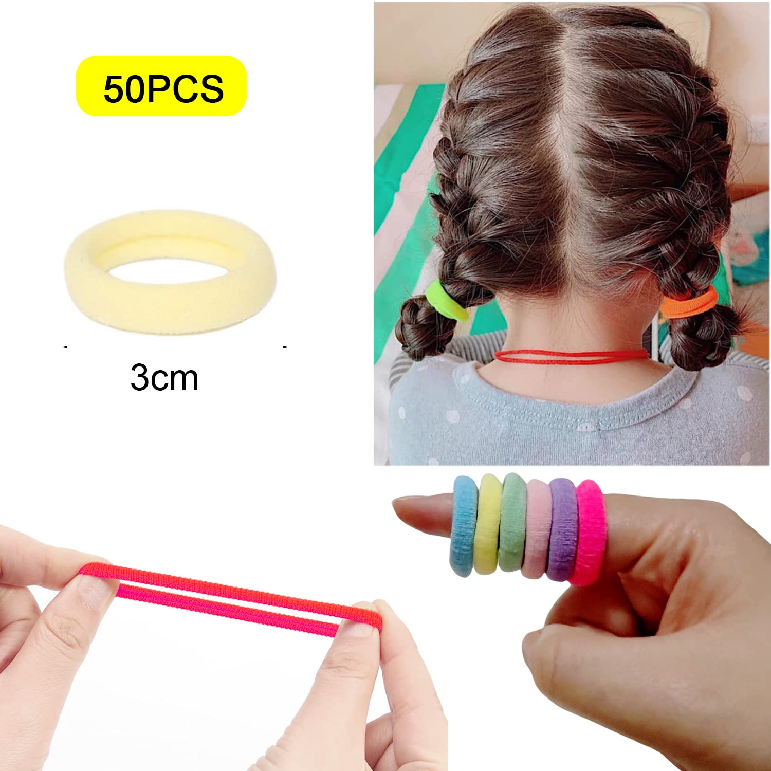 50 Pcs Seamless Hair Ties for Women & Girls - Soft Elastic Ponytail Holders (3cm, Candy Color Mix) - Perfect for School, Workouts, Yoga and Daily Styling