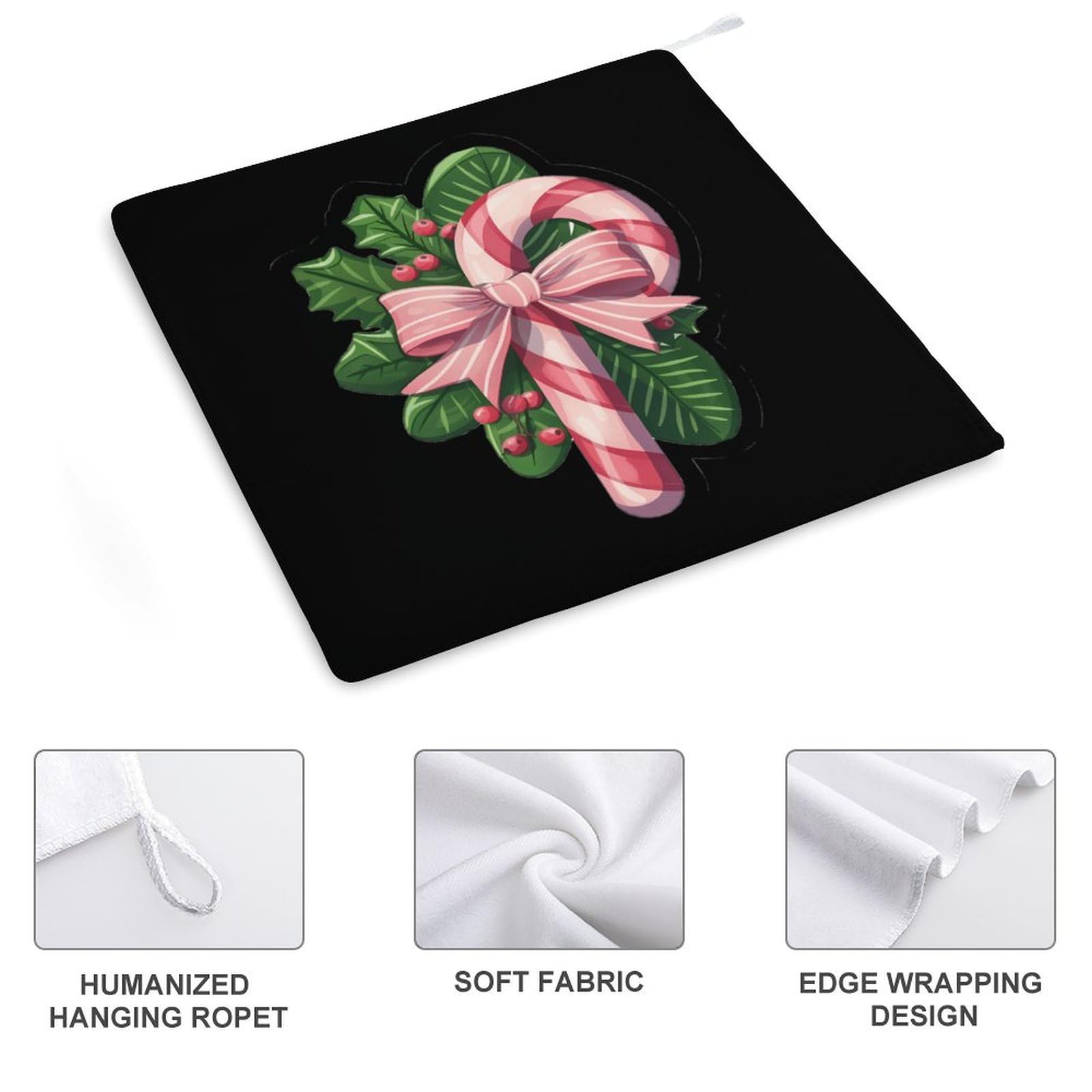Christmas Candy Cane Bow Square Hand Towels - 4PCS Quick Dry Bathroom & Kitchen Towels with Hanging Loop for Face Washing, Holiday Decor, and Festive Home Decorations