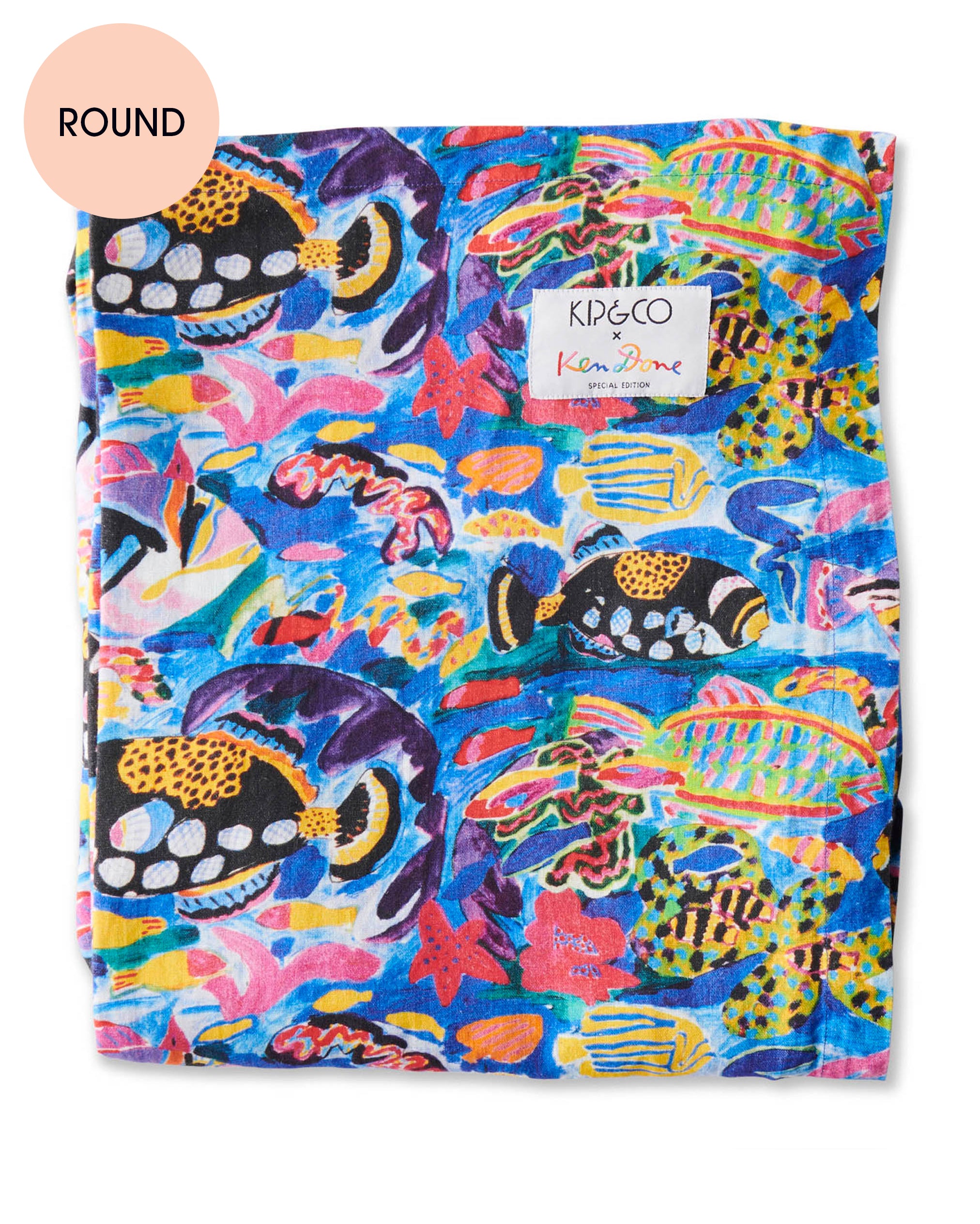 Kip&Co X Ken Done Barrier Reef Garden Round Linen Tablecloth - Stylish & Durable 100% Linen Table Cover for Dining, Outdoor Picnics & Beach Parties