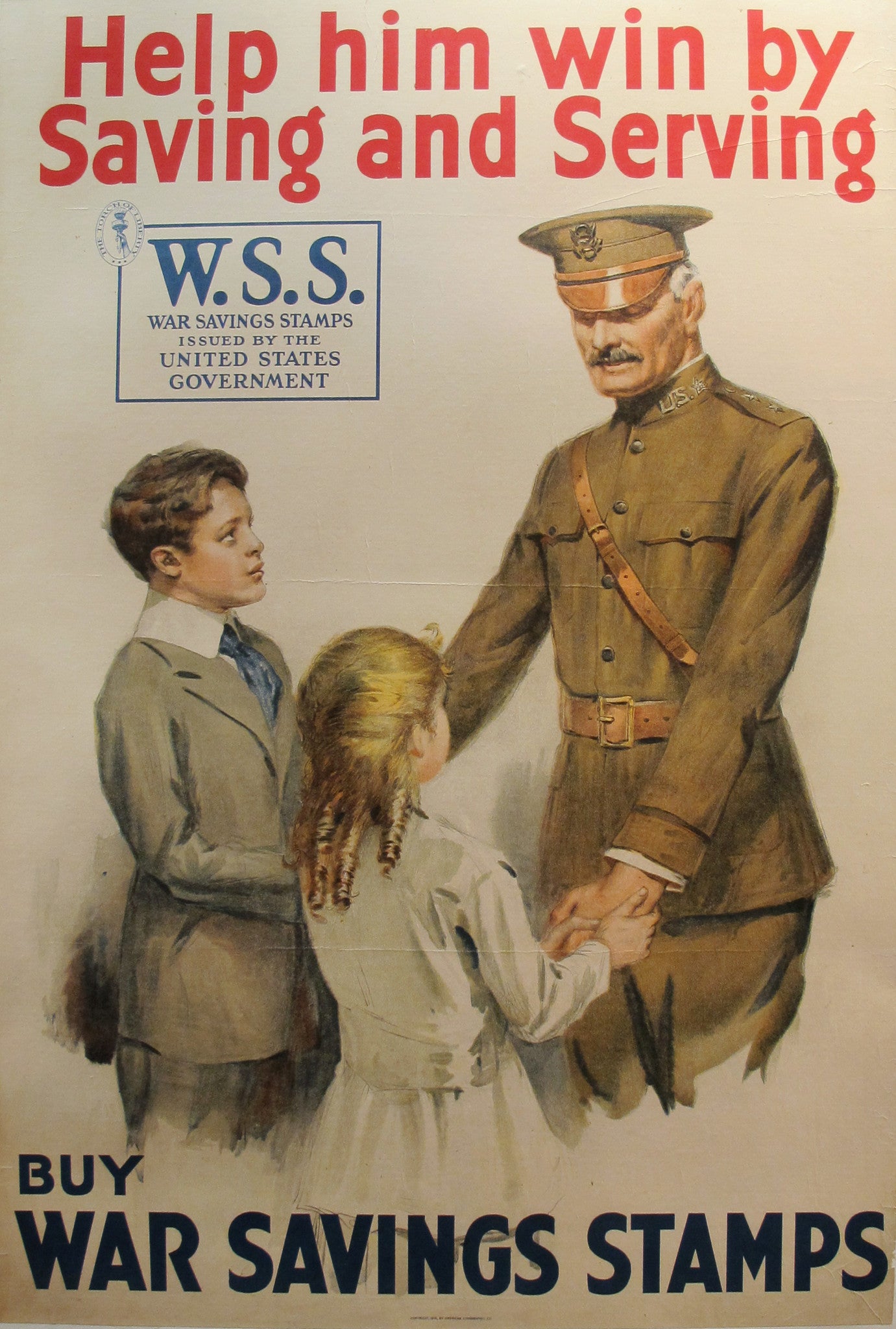 1918 Original Vintage American Propaganda Poster - Help Him Win by Saving and Serving - WWI Collectible, Patriotic Home Decor & History Classroom Display