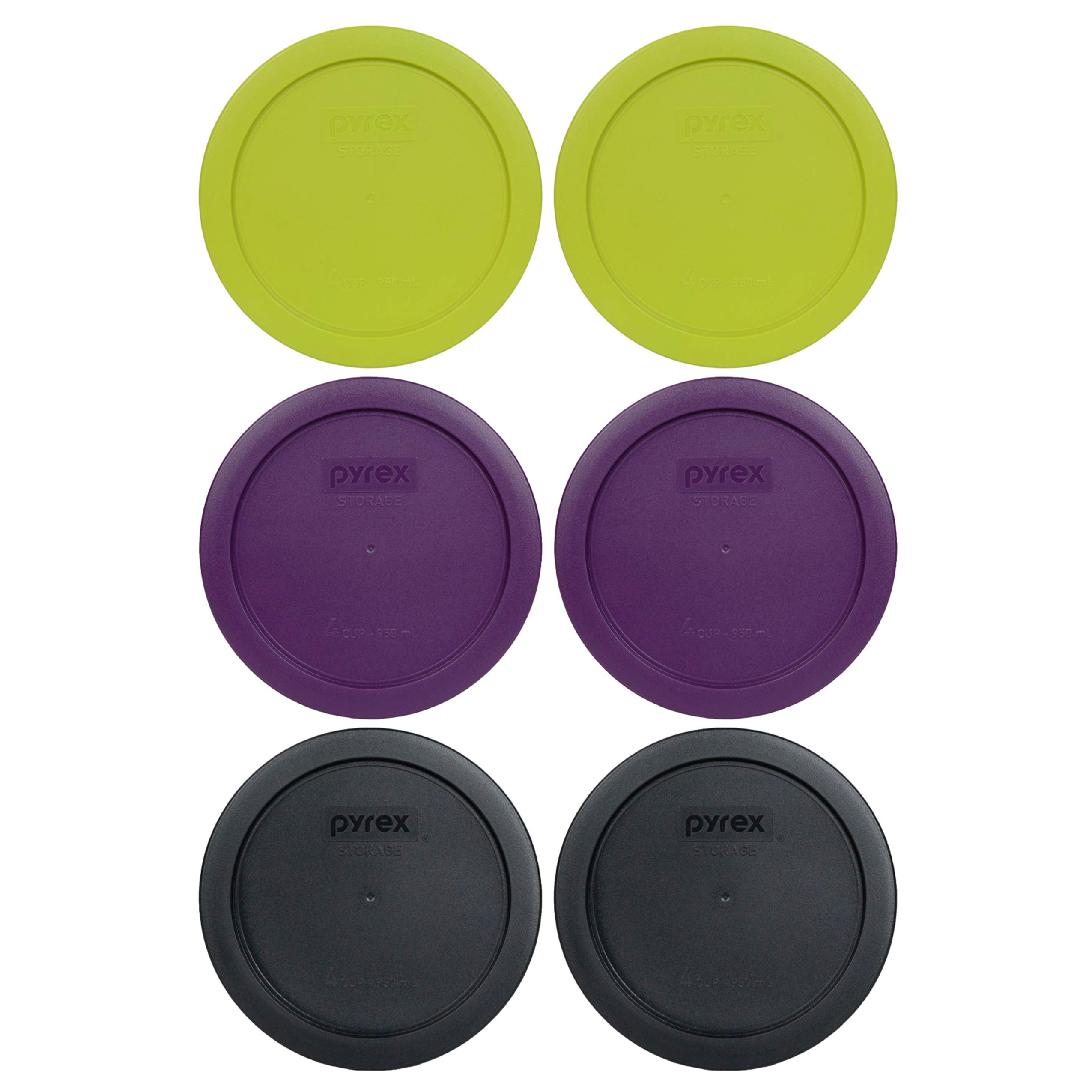 Pyrex 7201-PC 6-Piece Round Plastic Food Storage Lids Set - 2 Purple, 2 Black & 2 Edamame Green | BPA-Free | Made in USA | Perfect for Meal Prep, Leftovers & Refrigerator Organization