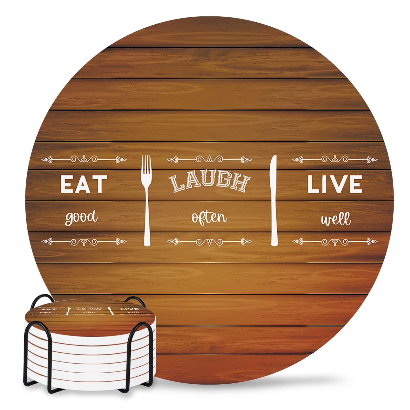 6-Pack Absorbent Ceramic Drink Coasters with Non-Slip Cork Base - Kitchen Themed Round Cup Mats for Home, Office & Bar Decor - Perfect for Coffee Tables, Dining Rooms and Entertaining Guests