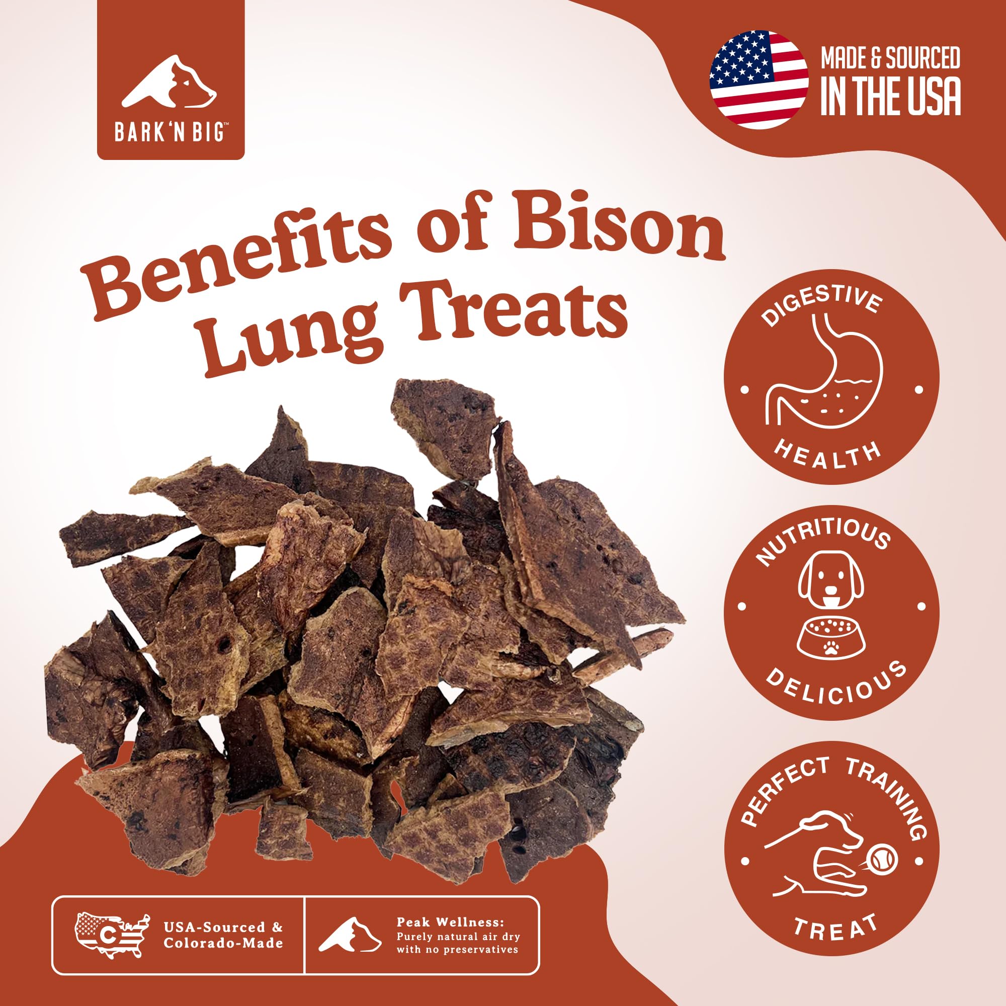 BARK'N BIG Bison Lung Dog Treats - Single Ingredient, High Protein, Low Fat, USA Made & Sourced - Dehydrated Bison Snacks for Sensitive Stomachs - 5 oz - Perfect for Training, Rewards & Digestive Health