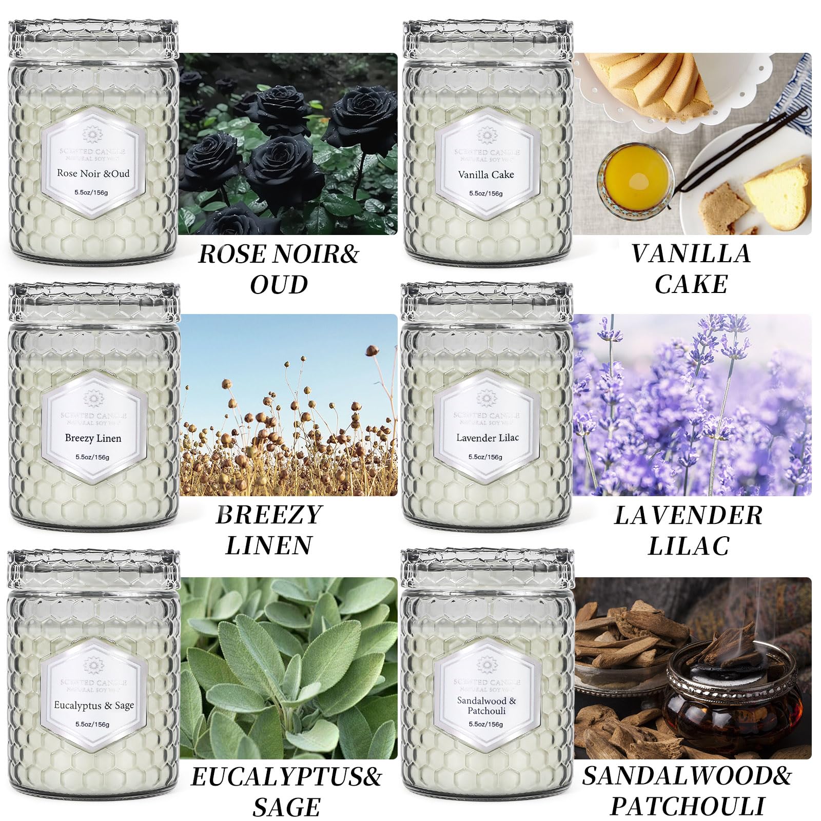 6 Pack Scented Soy Wax Candles for Home Aromatherapy - 33oz Long-Lasting 240 Hours, Natural Flax Gray Jar Candles - Perfect Gifts for Women, Birthday, Valentine's Day - Ideal for Relaxation, Spa Nights & Romantic Ambiance