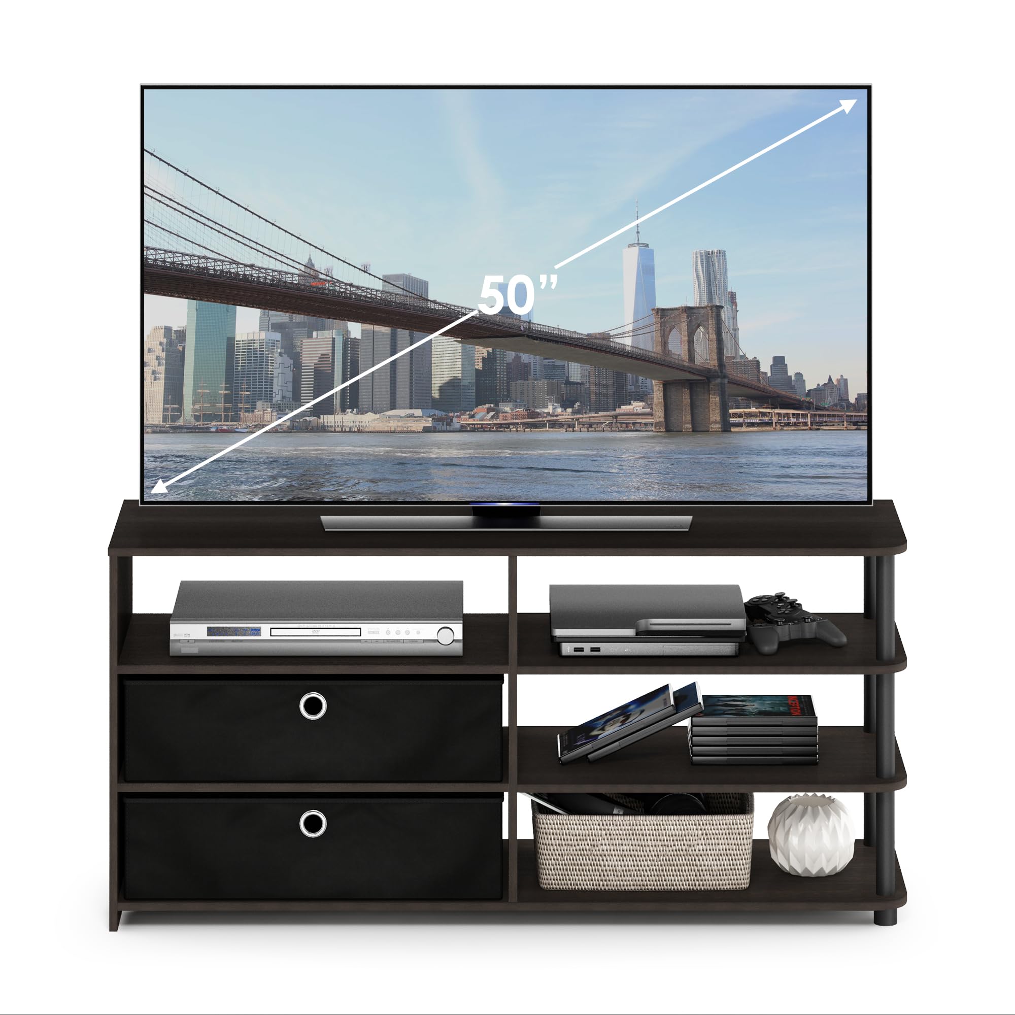 Furinno JAYA 55-Inch TV Stand with Storage Bins - Walnut Finish, Simple Modern Design for Living Room, Bedroom & Home Theater Setup