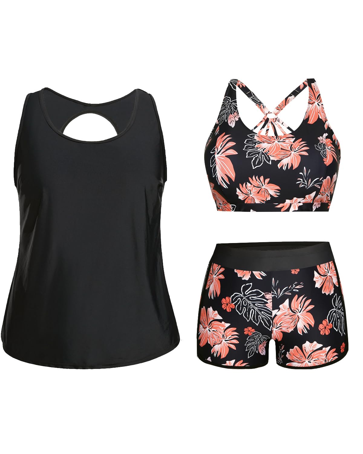 Holipick Women's Plus Size 3 Piece Tankini Swimwear Set - Tummy Control Bathing Suit with Boy Shorts & Built-in Sports Bra Top | Perfect for Beach Vacations, Pool Parties & Water Aerobics