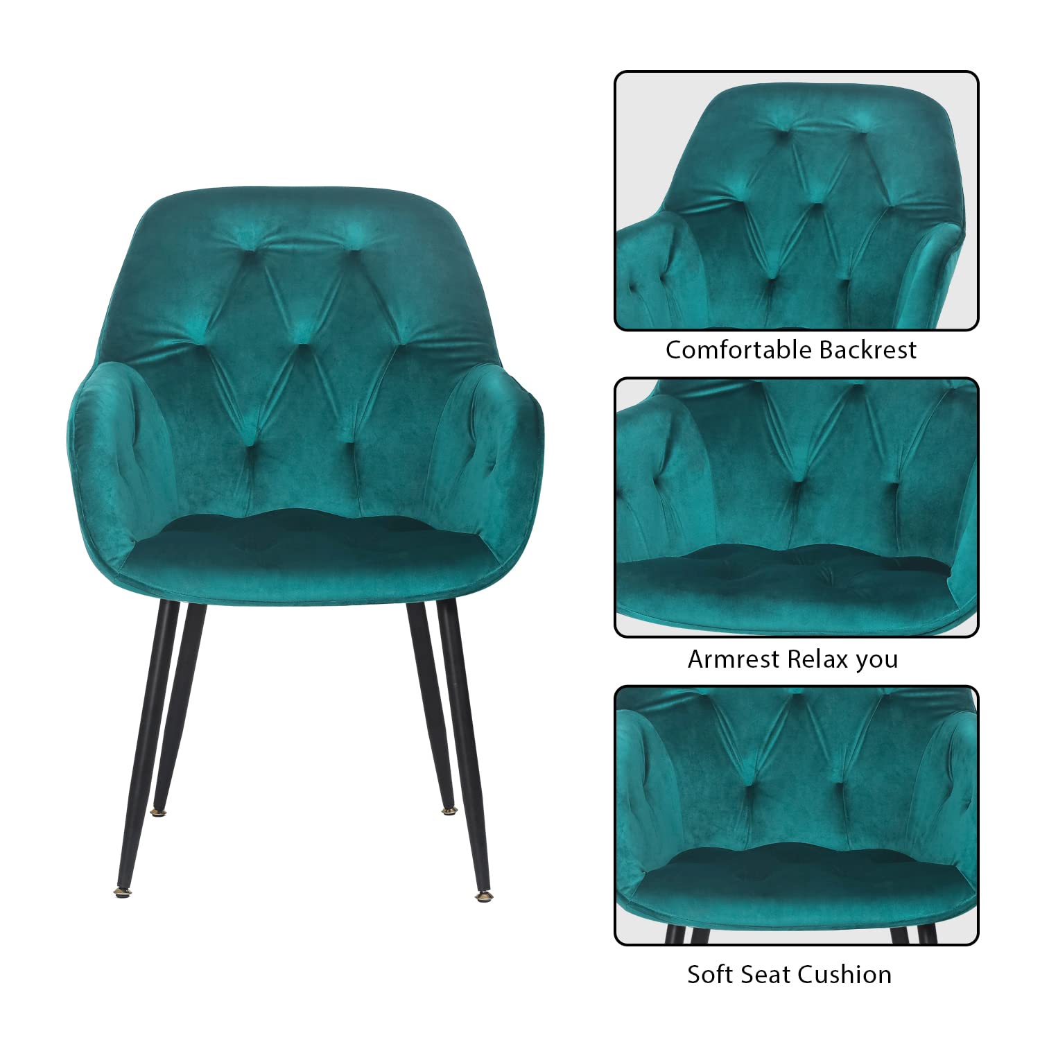 Modern Velvet Dining Chair Set of 2 - Upholstered Vanity Chairs with Non-Slip Mat & Arms for Living Room, Dressing Room, Office - Green Luxury Seating for Home Decor & Entertaining