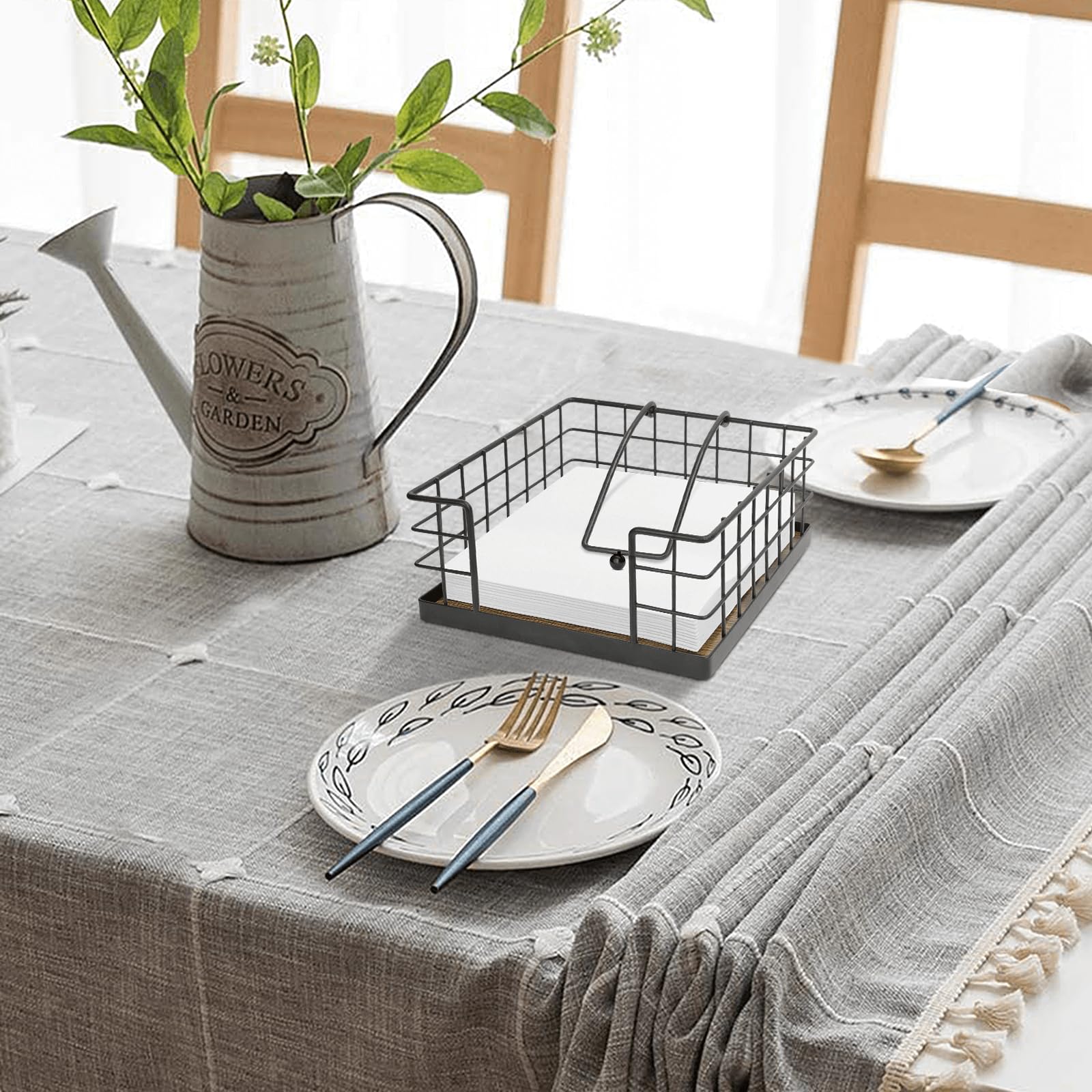 Farmhouse Wooden Napkin Holder for Table - Rustic Brown and Black Weighted Arm Flat Napkin Basket - Kitchen Paper Napkin Dispenser for Dining Room, Restaurant & Farmhouse Decor