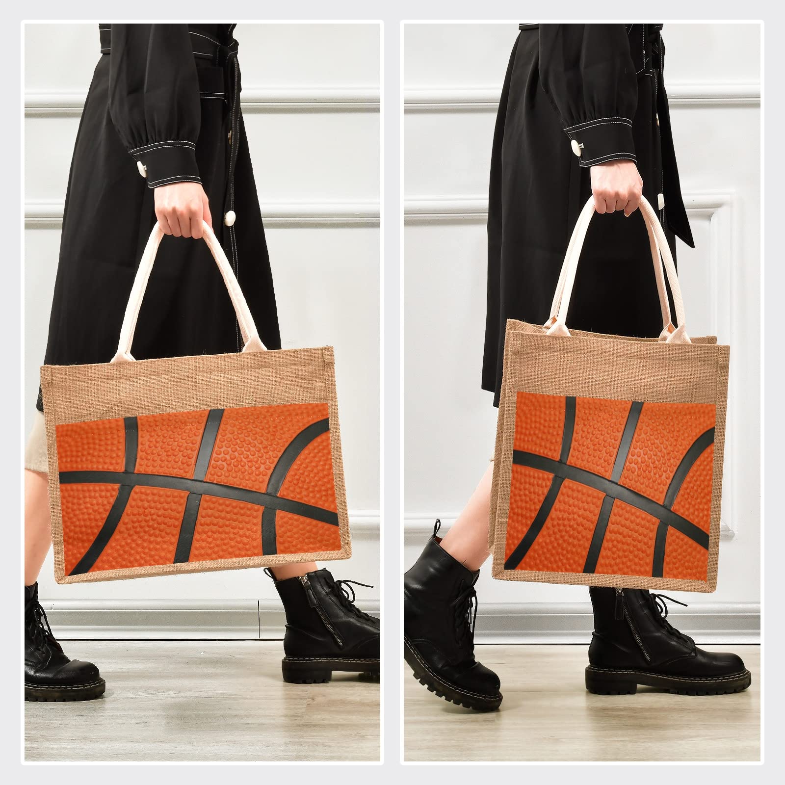 ALAZA Sport Basketball Orange Jute Tote Bag for Women - Eco-Friendly Grocery Shopping Bag with Handles - 12.6 x 16.9 x 7.1 Inches - Perfect for Outdoor Travel, Gym, Beach & Daily Use