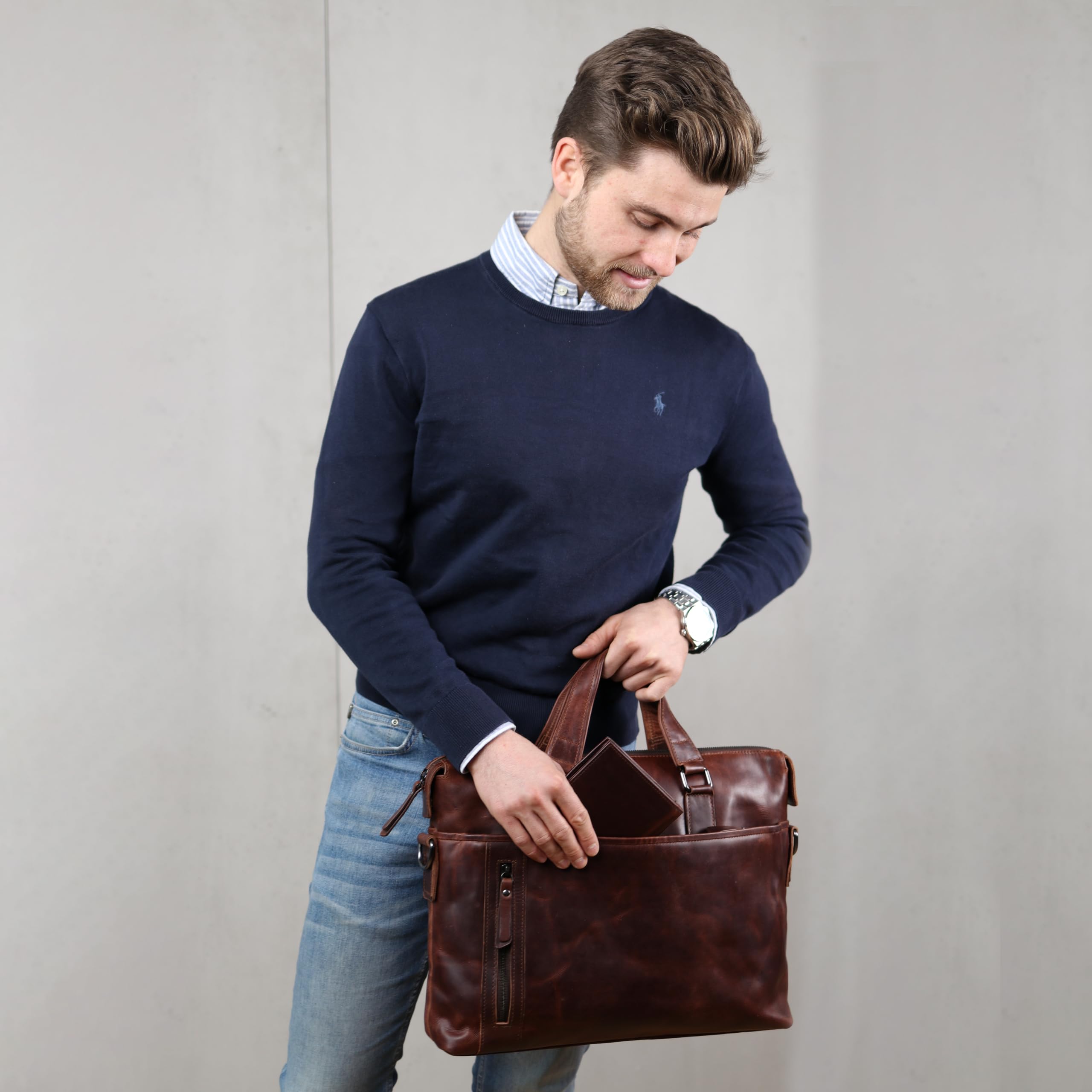 SID & VAIN London Large Real Leather Business Briefcase - Unisex Brown Laptop Bag for Office, Travel & Professional Use
