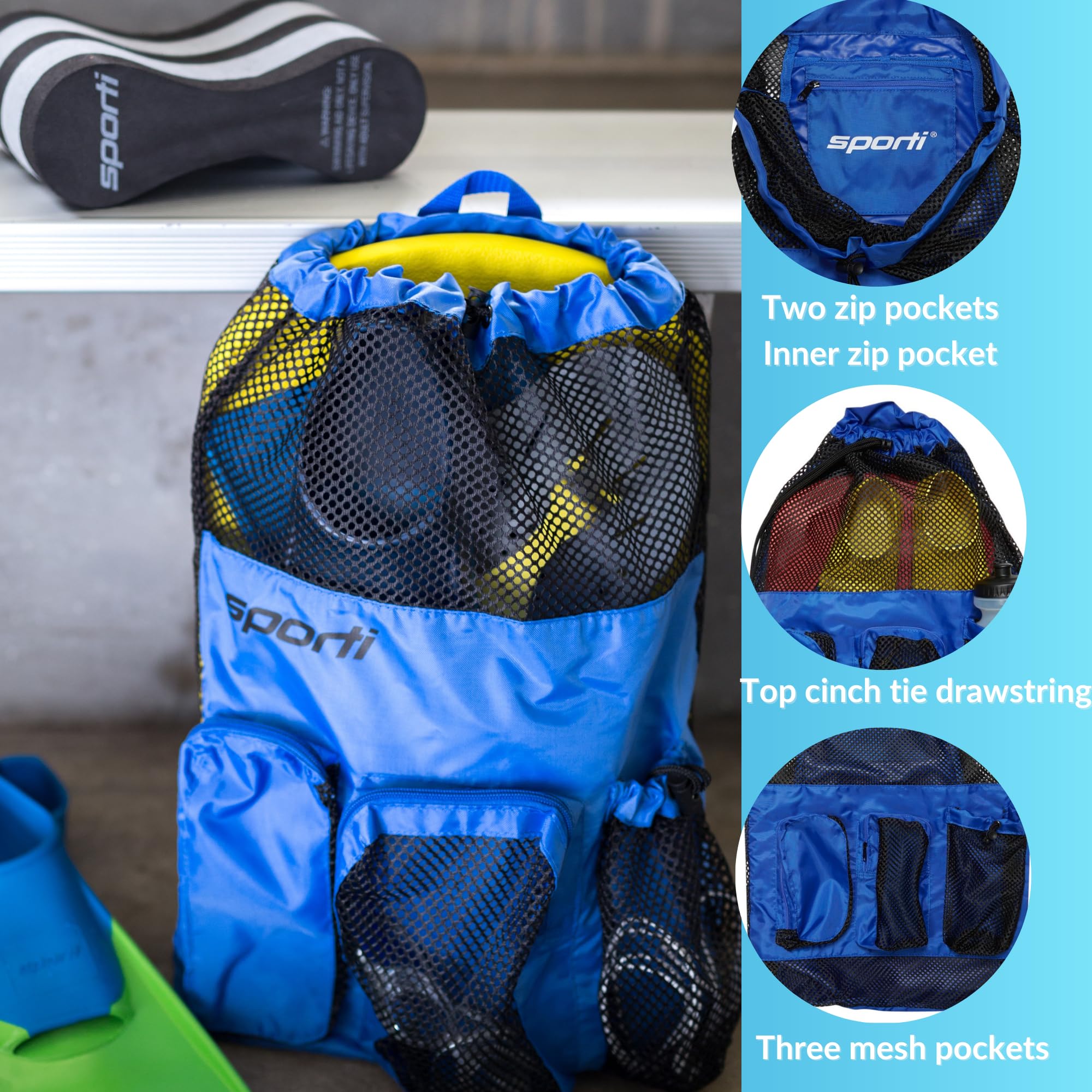 Sporti Waterproof Swimming Equipment Bag with Zipper Pocket & Mesh Drawstring Backpack - Large Gym Bag for Swim Gear, Workout Clothes & Sports Accessories - Perfect for Pool, Beach & Gym Use