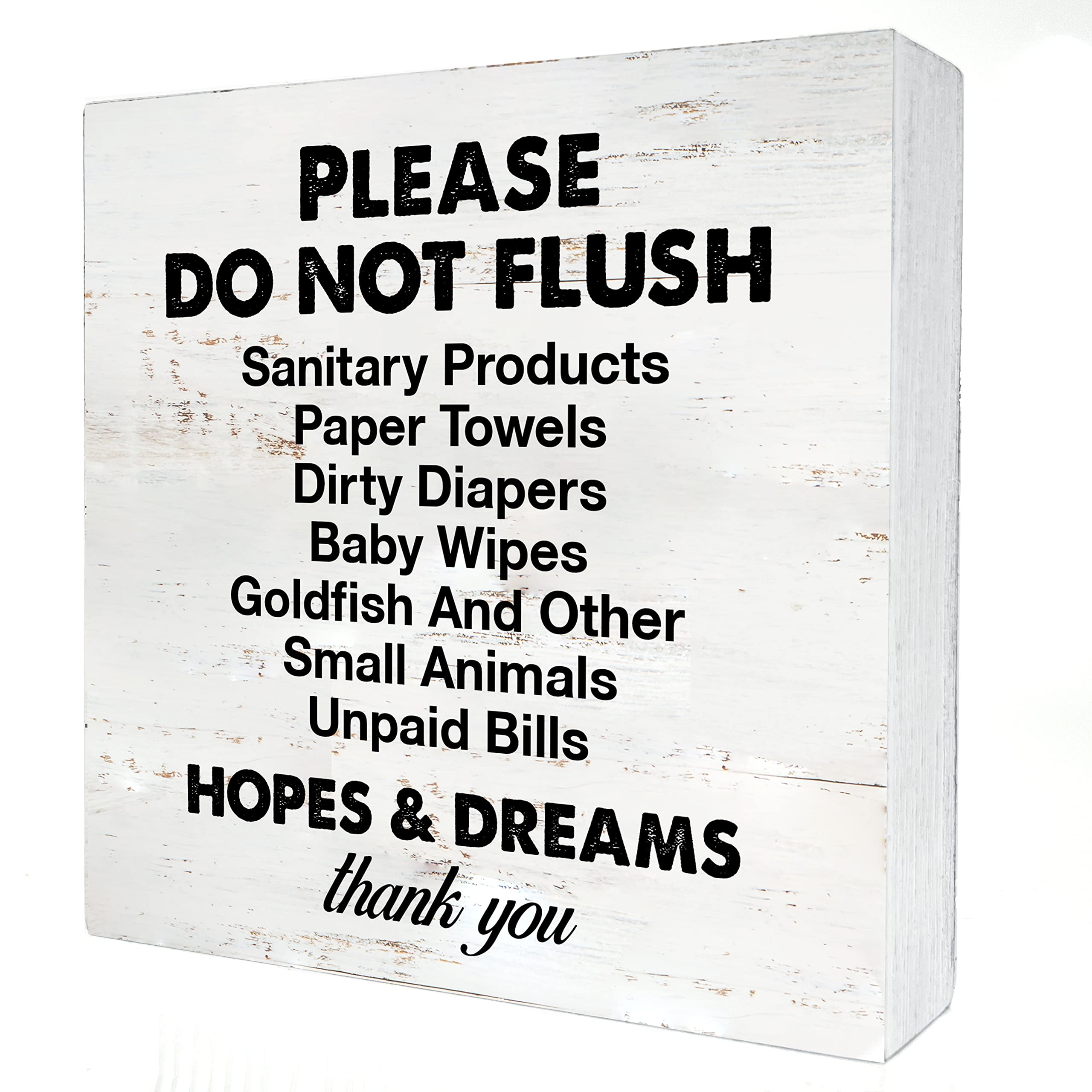 Rustic Wooden Bathroom Sign - 'Please Do Not Flush Sanitary Products' Funny Desk Decor (5x5 Inch) - Cute Wood Block Plaque for Home, Shelf & Table Decoration - Perfect for Bathroom, Powder Room & Guest Toilet Humor
