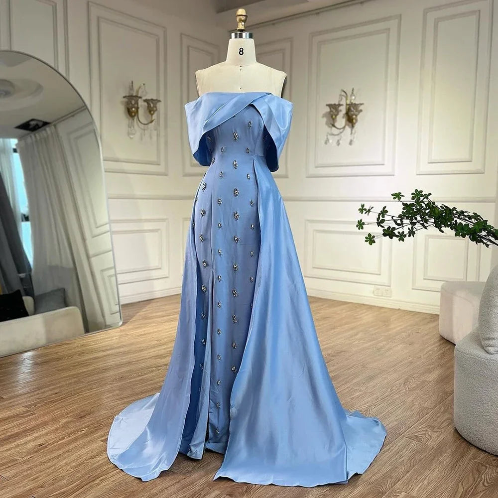 Elegant Blue Satin Mermaid Evening Dress with Beaded Detail & High Slit - Women's Formal Gown for Parties, Prom, Weddings & Special Occasions - Serene Hill Collection LA72458