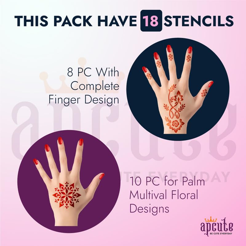 APCUTE Temporary Mehndi Tattoo Kit - 18 Piece Henna Stencil Set for Women, Girls & Kids | Easy 4-Step Application | Perfect for Weddings, Festivals & DIY Body Art