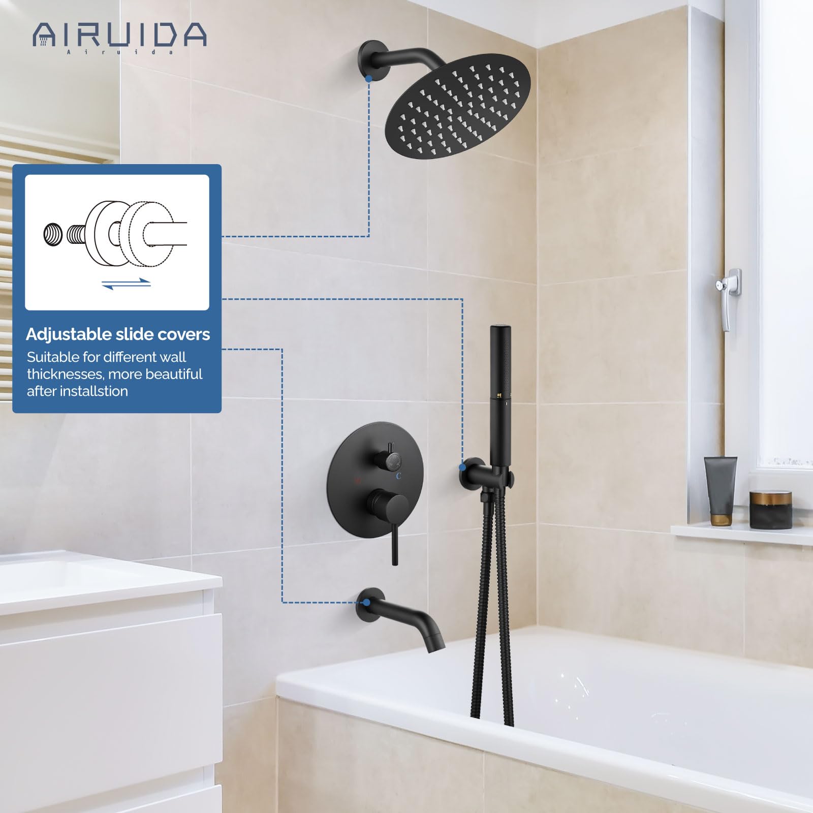 Premium Matte Black Round Shower System Set - 3-Function Rain Shower Faucet with 2-Function Handheld & 8-Inch Shower Head - Wall Mount Tub Spout Combo for Modern Bathrooms | Perfect for Spa-Like Relaxation & Daily Refreshment