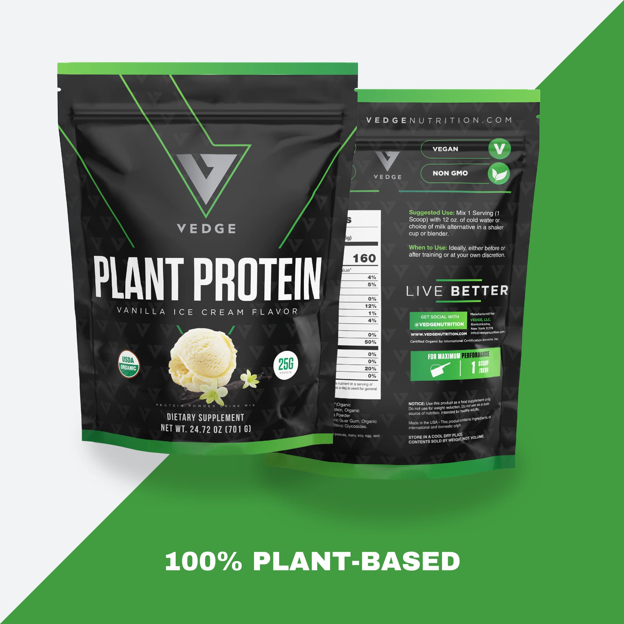 Organic Plant Protein Powder - Vanilla Ice Cream Flavor (20 Servings) | USDA Certified, Vegan, Gluten-Free, Dairy-Free Protein Supplement for Smoothies, Baking & Post-Workout Recovery