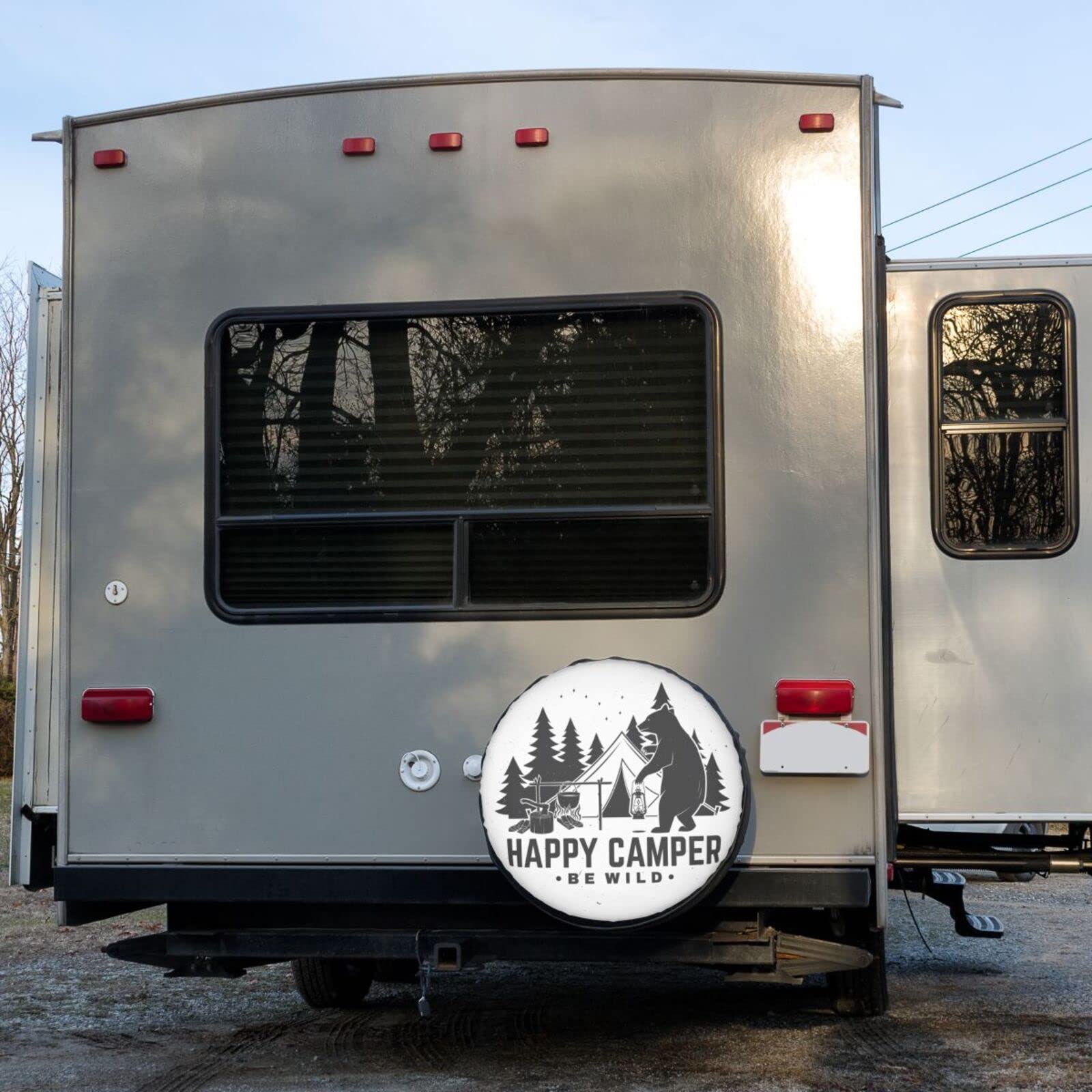 Happy Camper Bear Spare Tire Cover - Dust-Proof 14 Inch Wheel Protector for Trailers, RVs, SUVs & Vehicles | Outdoor Adventure Accessory