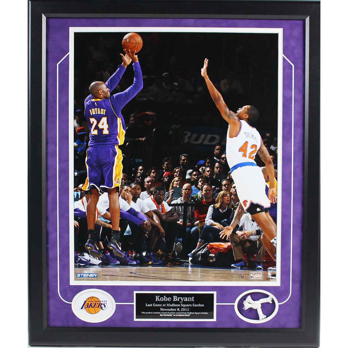 Kobe Bryant Last Game at MSG 16x20 Framed Photo with Authentic Game-Used Net Collage - Limited Edition 24/24 - Perfect for Lakers Fans & Sports Memorabilia Collectors - Ideal for Home, Office, or Man Cave Decor