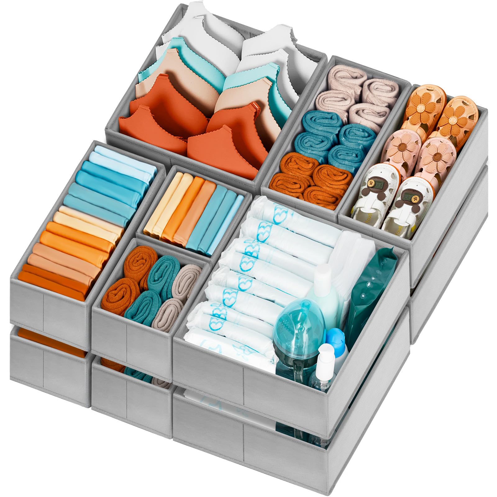 12-Pack Criusia Drawer Organizers for Clothes - Dresser Storage Bins for Closet, Bedroom & Nursery - Baby Clothes Organizer & Underwear/Sock Divider - Grey | Perfect for Home Organization, Space Saving & Decluttering