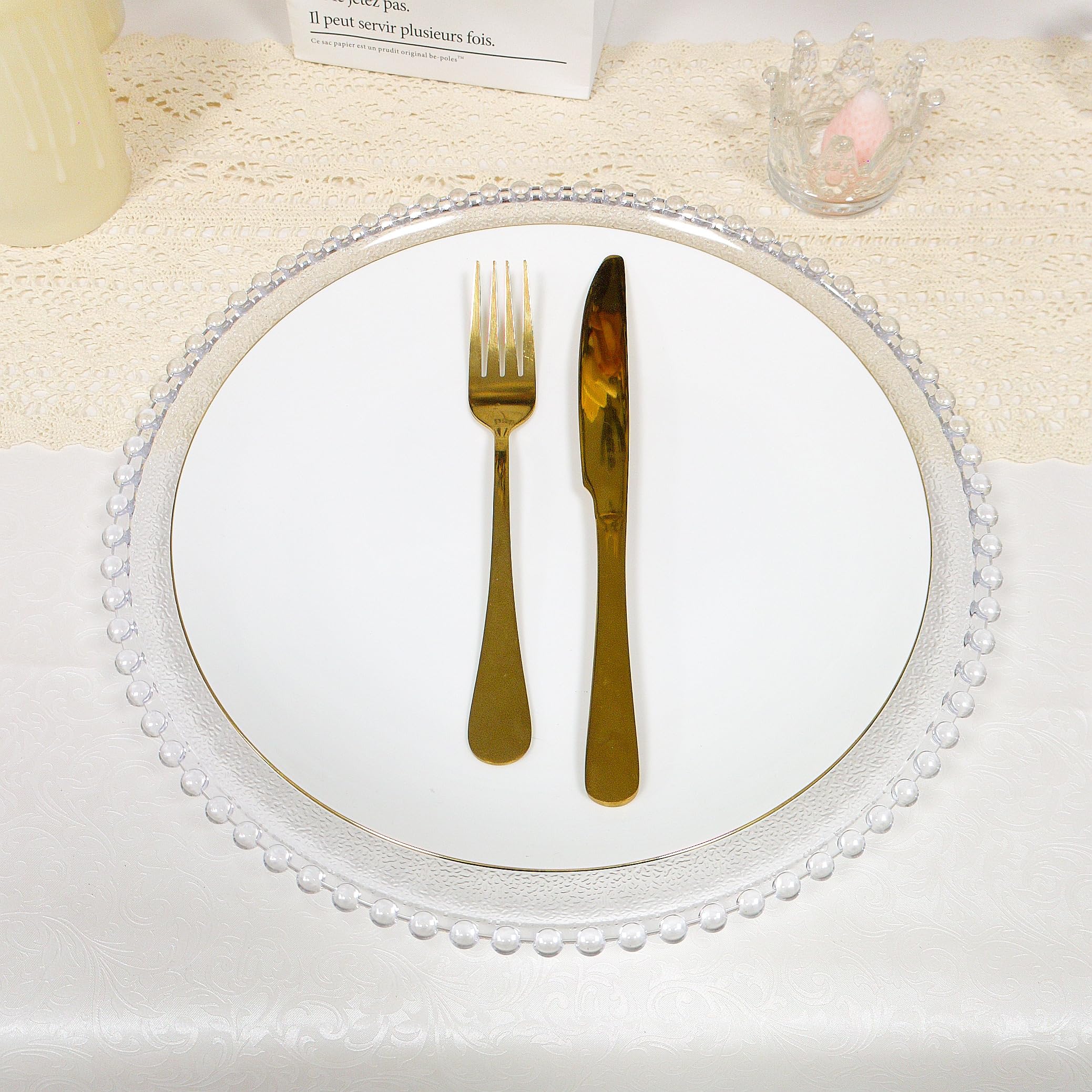 13 Inch Clear Acrylic Beaded Charger Plates Set of 8 - Elegant Back Texture for Wedding, Party & Dinner Table Decor - Perfect for Holiday Events, Bridal Showers & Formal Dining Settings