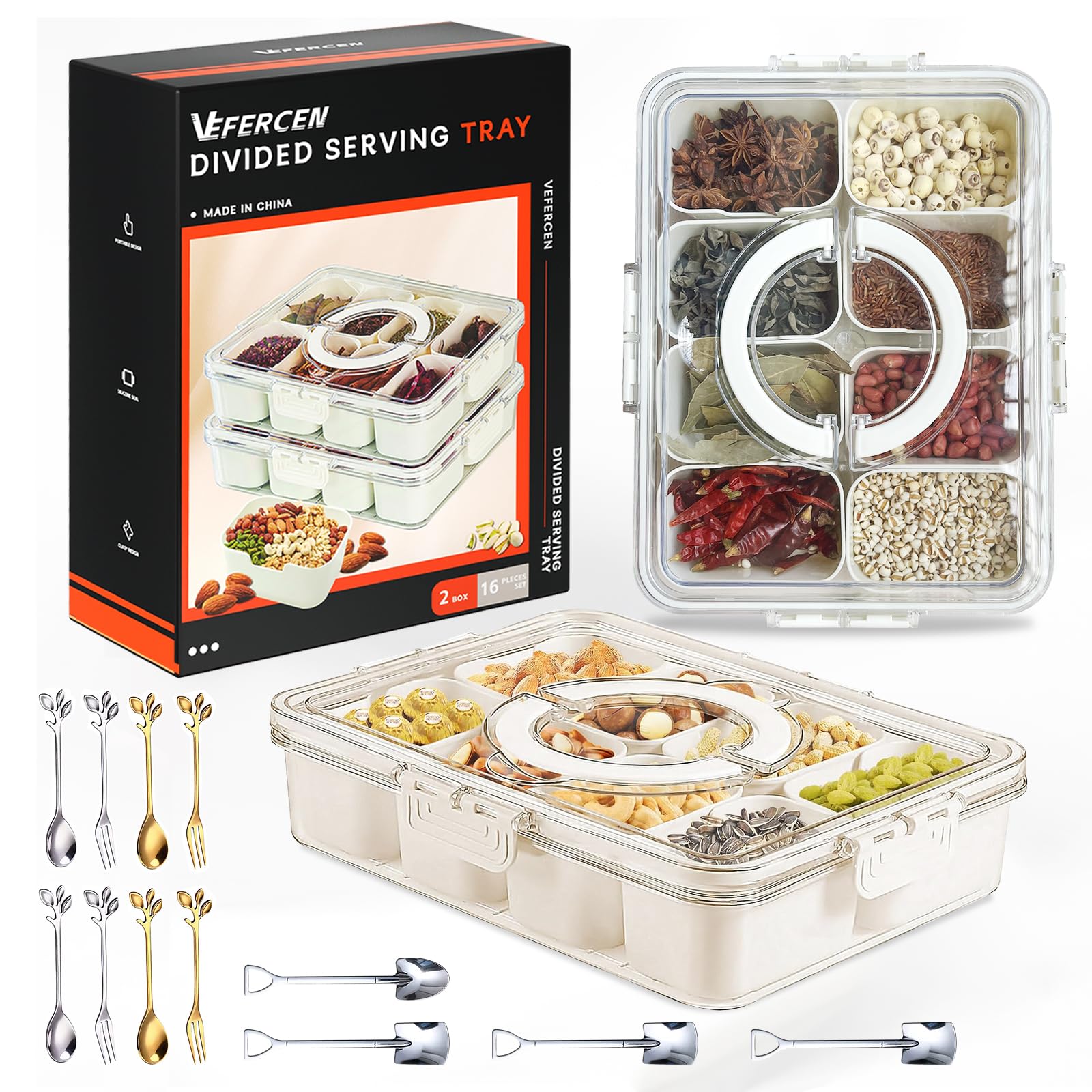 2-Pack Snackle Box with Lid - Divided Snack Organizer for Candy, Fruits, Nuts, Spices & Vegetables - Perfect for Parties, Picnics, Travel & Office Lunch - BPA-Free Plastic Serving Tray for Kids & Adults